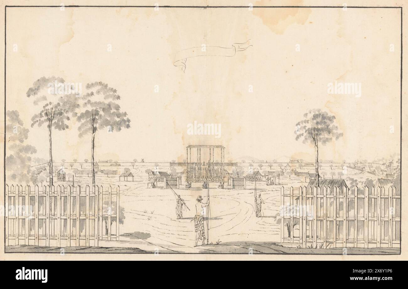 The craton at Djocja (Mataram), The craton at Yogjakarta. Large area surrounded by a fence, for guards in sarong and with kris and lance and top hat. Center behind ceremony and stilt buildings., drawing, draughtsman: Jan Brandes, after drawing by: A. de Nelly, draughtsman: Batavia, after drawing by: Jogjakarta, 1779 - 1785, paper, brush, height, 334 mm × width, 508 mm Stock Photo