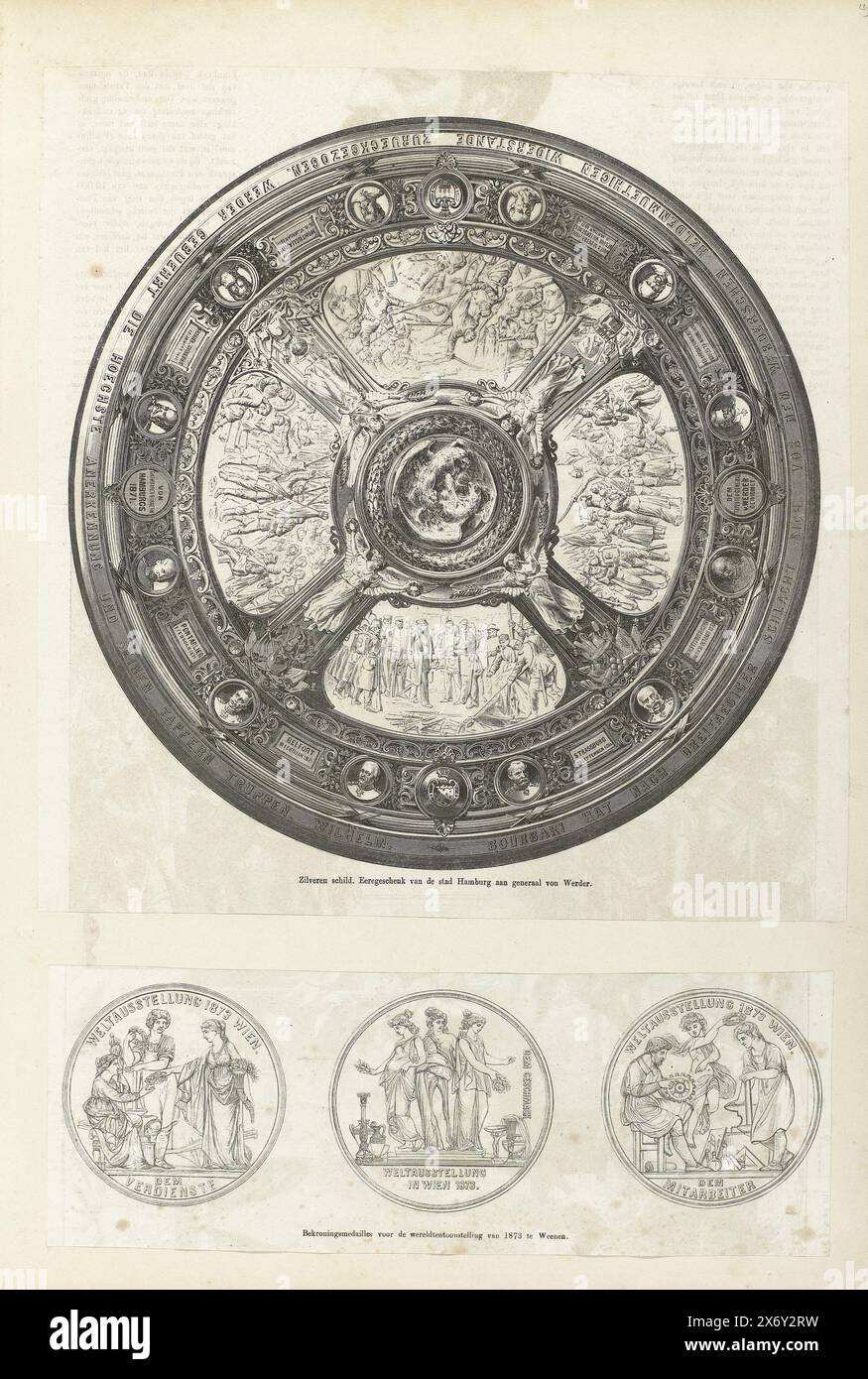 Silver shield and three award medals for the world exhibition of 1873, Weltausstellung 1873 Wien (...) (title on object), Two loose leaves pasted together, on the top is a silver shield with two fighting eagles in the middle and in the outer borders portrait medallions and text. The shield was an honorary gift from the city of Hamburg to General von Werder. On the bottom sheet there are three medals, the middle one with three women, two of whom are holding a laurel wreath., print, after design by: Joseph Tautenhayn, print maker: anonymous, publisher: anonymous, Austria, (possibly), 1873 Stock Photo