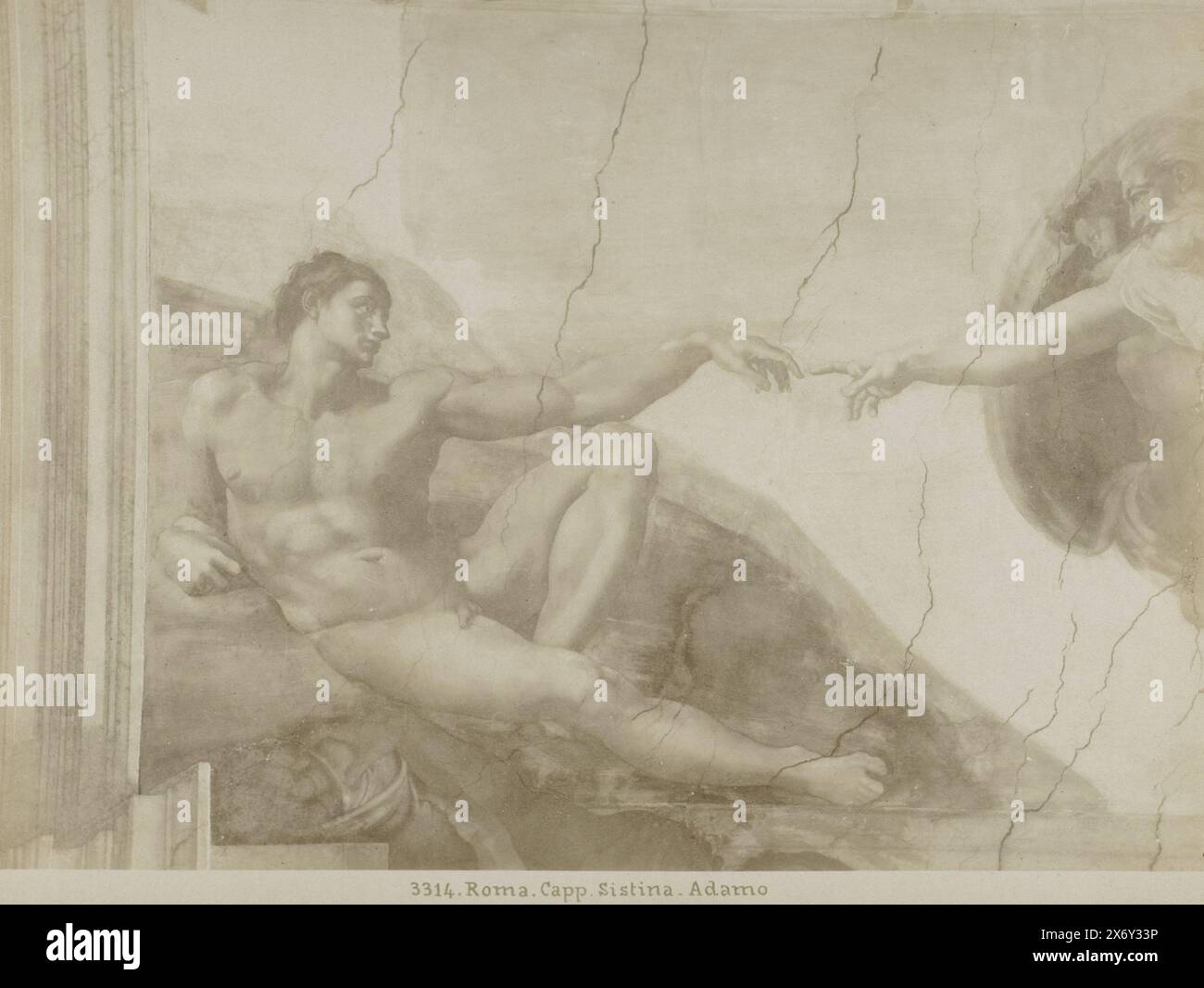Photo reproduction of the fresco The Creation of Adam by Michelangelo in the Sistine Chapel, Roma. Capp. Sistina. Adamo (title on object), photograph, anonymous, after painting by: Michelangelo, (mentioned on object), Vaticaanstad, 1851 - 1900, paper, albumen print, height, 197 mm × width, 257 mm, height, 258 mm × width, 358 mm Stock Photo
