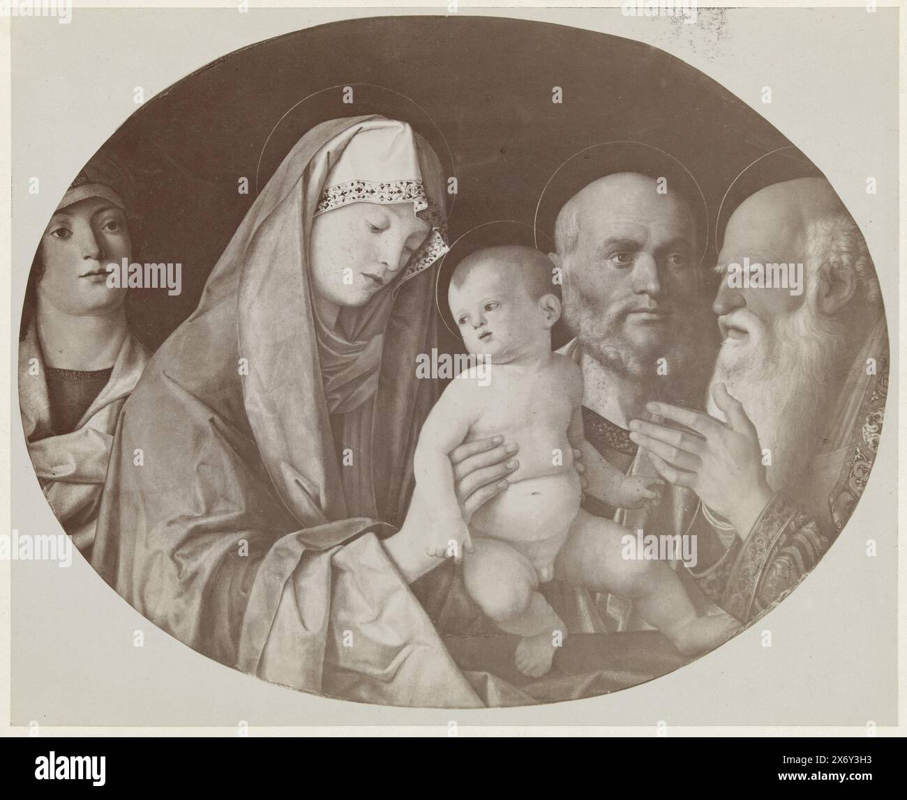Photo reproduction of a painting depicting Christ, Mary, two kings and ...