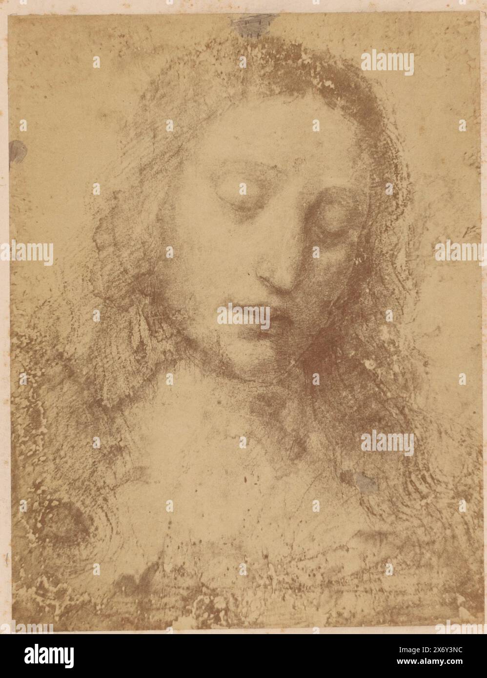 Photo reproduction of the drawing Head of Jesus (preliminary study for the fresco The Last Supper) by Leonardo da Vinci, L. da Vinci - Study for the Jesus of the supper - Breza in Milan (title on object), photograph, Pompeo Pozzi, (attributed to), after drawing by: Leonardo da Vinci, (mentioned on object), 1851 - 1880, cardboard, albumen print, height, 261 mm × width, 201 mm, height, 478 mm × width, 317 mm Stock Photo