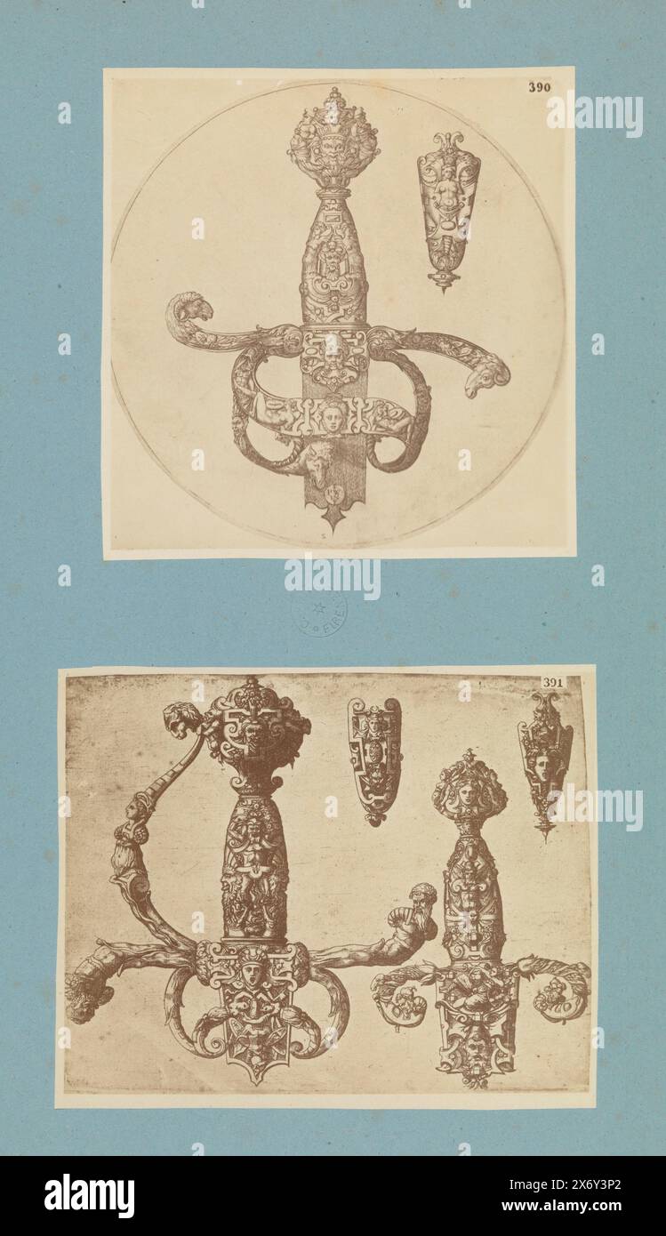 Two photo reproductions of prints of sword hilts, above (390) a drawing of a sword hilt decorated with animal heads, below (391) two drawings of heavy hilts decorated with human figures., photograph, anonymous, after print by: Pierre Woeiriot (II), Europe, c. 1875 - c. 1900, cardboard, albumen print, height, 496 mm × width, 318 mm Stock Photo