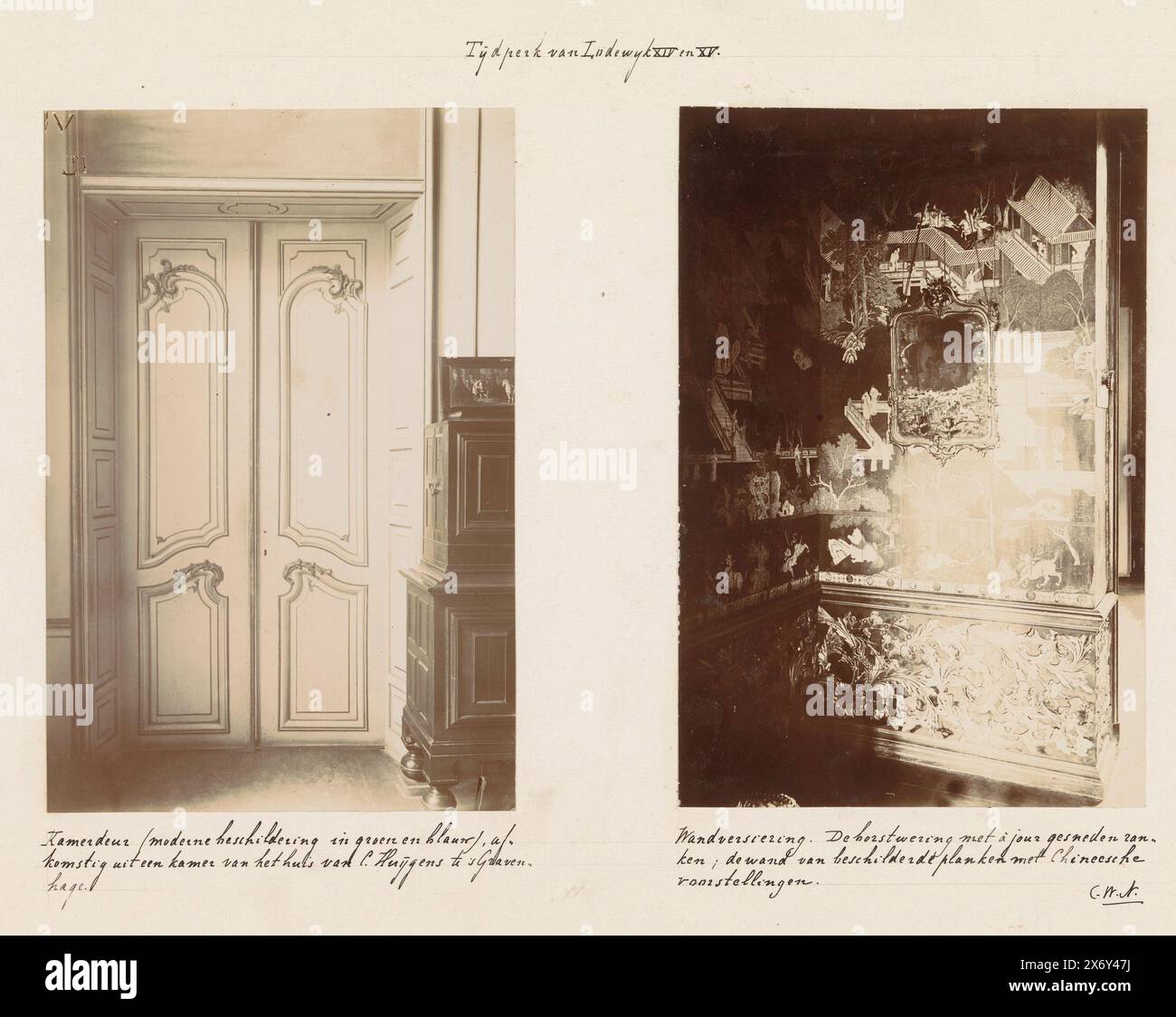 Room door and wall paneling, on the left a room door decorated with a stylized leaf motif, on the right a wall paneling in Chinese lacquer, from the palace of the Frisian governors., photograph, anonymous, Europe, c. 1875 - c. 1900, cardboard, height, 314 mm × width, 446 mm Stock Photo