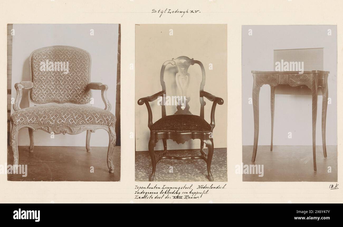 Three chairs, on the left an armchair decorated with leaf motifs and a shell, in the middle an armchair with an openwork back, on the right a table with inlaid wood., photograph, anonymous, Europe, c. 1875 - c. 1900, cardboard, height, 313 mm × width, 445 mm Stock Photo