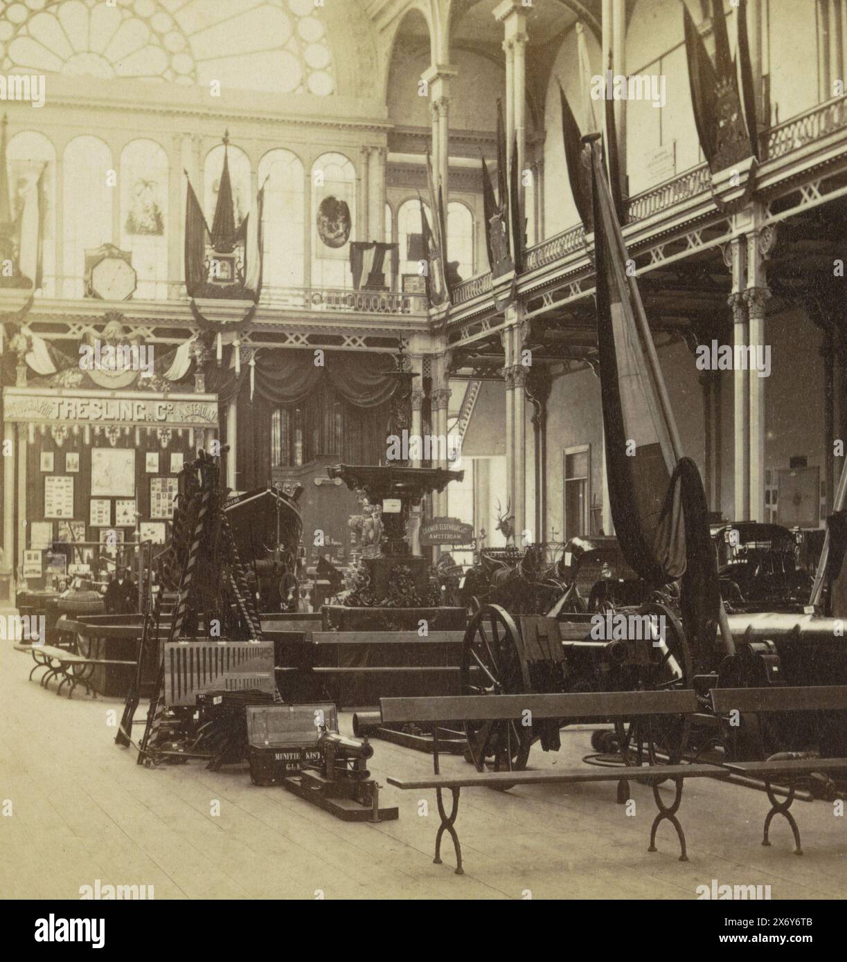 Exhibition for National Industry in the Paleis voor Volksvlijt, Amsterdam, stereograph, anonymous, publisher: Jan Dirk Brouwer, (mentioned on object), Amsterdam, (possibly), 1866, paper, albumen print, height, 82 mm × width, 71 mm, height, 82 mm × width, 76 mm, height, 85 mm × width, 171 mm Stock Photo