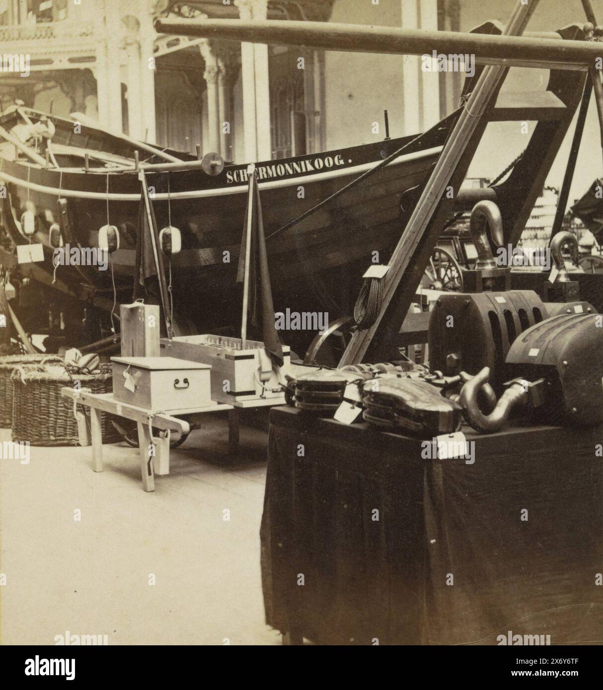 Boat next to other objects from the Exhibition for National Industry in the Paleis voor Volksvlijt, Amsterdam, stereograph, anonymous, publisher: Jan Dirk Brouwer, (mentioned on object), Amsterdam, (possibly), 1866, paper, albumen print, height, 83 mm × width, 76 mm, height, 83 mm × width, 75 mm, height, 85 mm × width, 173 mm Stock Photo