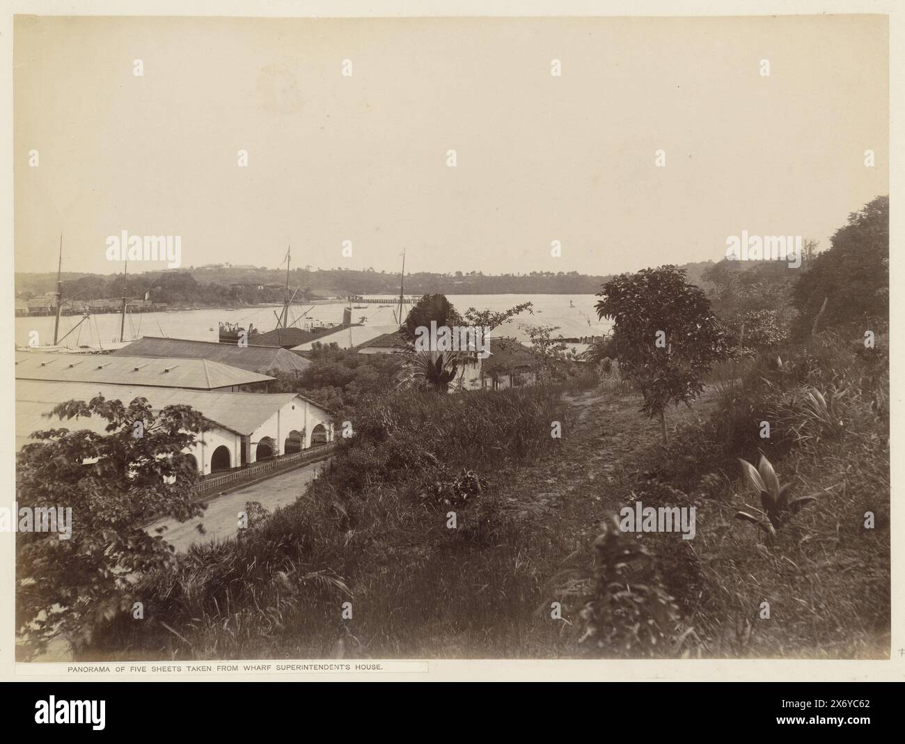 View of the buildings, quays and surroundings of the Tanjong Pagar Dock Co. Ltd. in Singapore, Panorama of five sheets taken from wharf superintendent's house (title on object), Panorama consisting of five prints. Part of Photo Album of the Tanjong Pagar Dock Co. Ltd. in Singapore., photograph, G.R. Lambert & Co., (attributed to), Singapore, c. 1890 - in or before 1905, photographic support, albumen print, height, 267 mm × width, 361 mm, height c. 267 mm × width c. 1715 mm Stock Photo