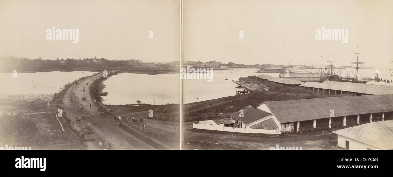 View of the buildings, quays and surroundings of the Tanjong Pagar Dock Co. Ltd. in Singapore, Panorama of five sheets taken from wharf superintendent's house (title on object), Panorama consisting of five prints. Part of Photo Album of the Tanjong Pagar Dock Co. Ltd. in Singapore., photograph, G.R. Lambert & Co., (attributed to), Singapore, c. 1890 - in or before 1905, photographic support, albumen print, height, 265 mm × width, 314 mm, height, 266 mm × width, 368 mm, height c. 267 mm × width c. 1715 mm Stock Photo