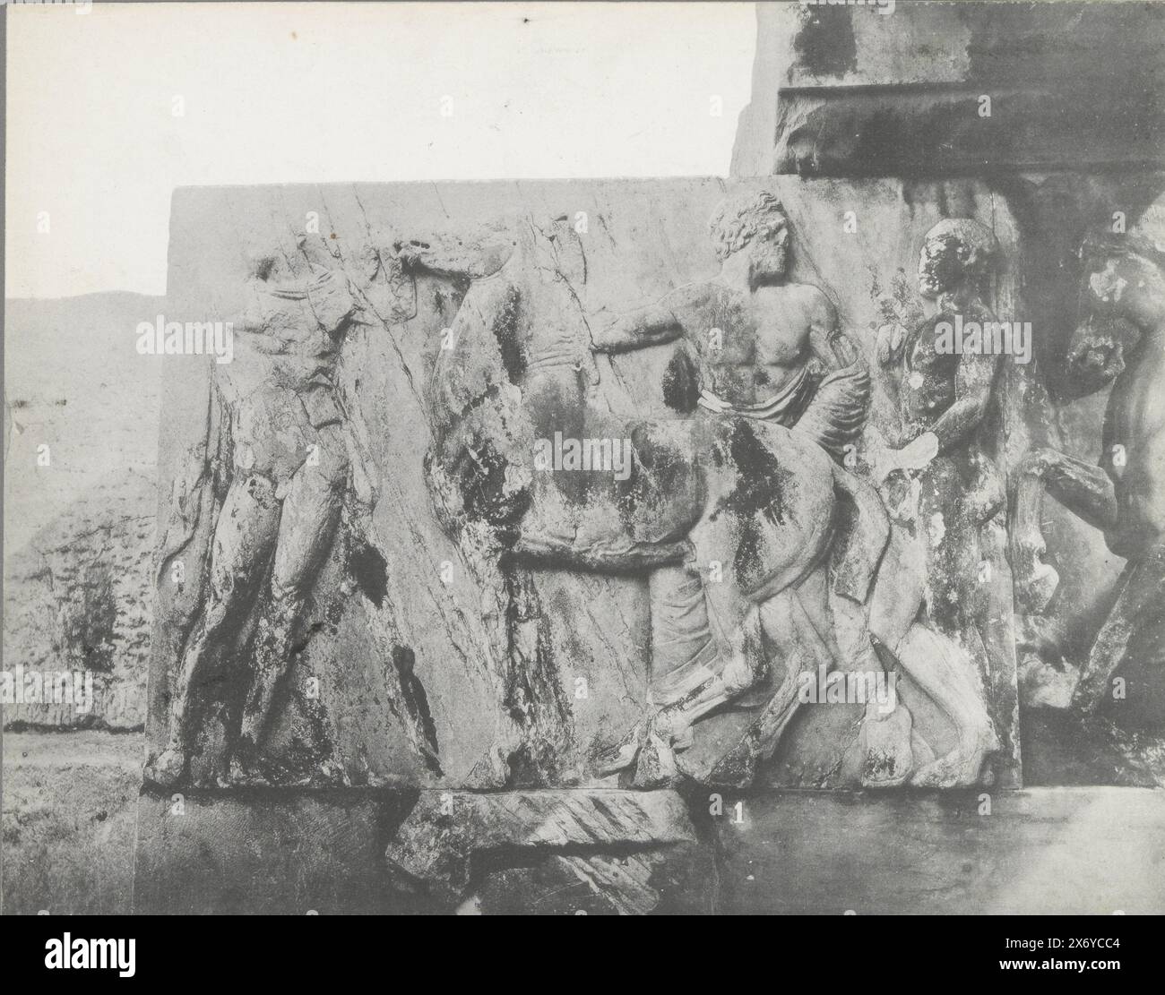 Relief of men with horses in a museum in Athens, Part of Travel album with photos of sights in Greece and Egypt., photograph, anonymous, Athene, c. 1895 - in or before 1905, paper, collotype, height, 215 mm × width, 273 mm Stock Photo