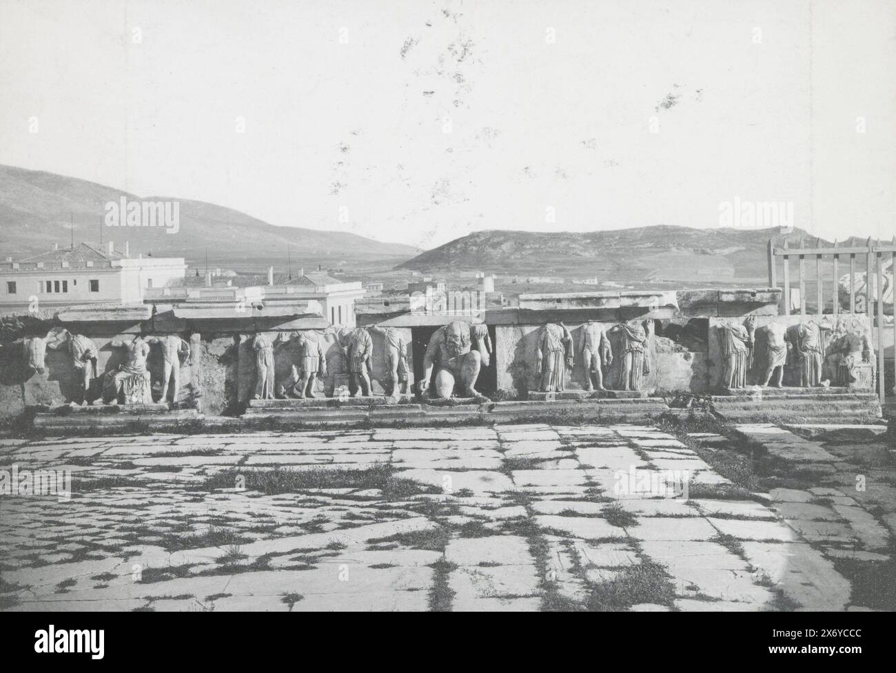 Frieze of the Theater of Bacchus in Athens, Théâtre de Bacchus, frise., Part of Travel album with photos of sights in Greece and Egypt., photograph, anonymous, Athene, c. 1895 - in or before 1905, paper, collotype, height, 219 mm × width, 291 mm Stock Photo