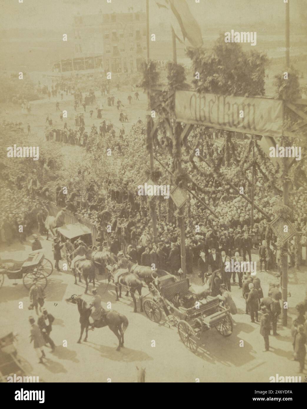 Queen Wilhelmina and Queen Emma step out of the carriage for the laying of the foundation stone of the Wilhelmina Gasthuis in Amsterdam, Wilhelmina Gasthuis (title on object), photograph, Henri de Louw, (mentioned on object), Amsterdam, 1891, photographic support, albumen print, height, 260 mm × width, 212 mm × height, 260 mm × width, 212 mm Stock Photo