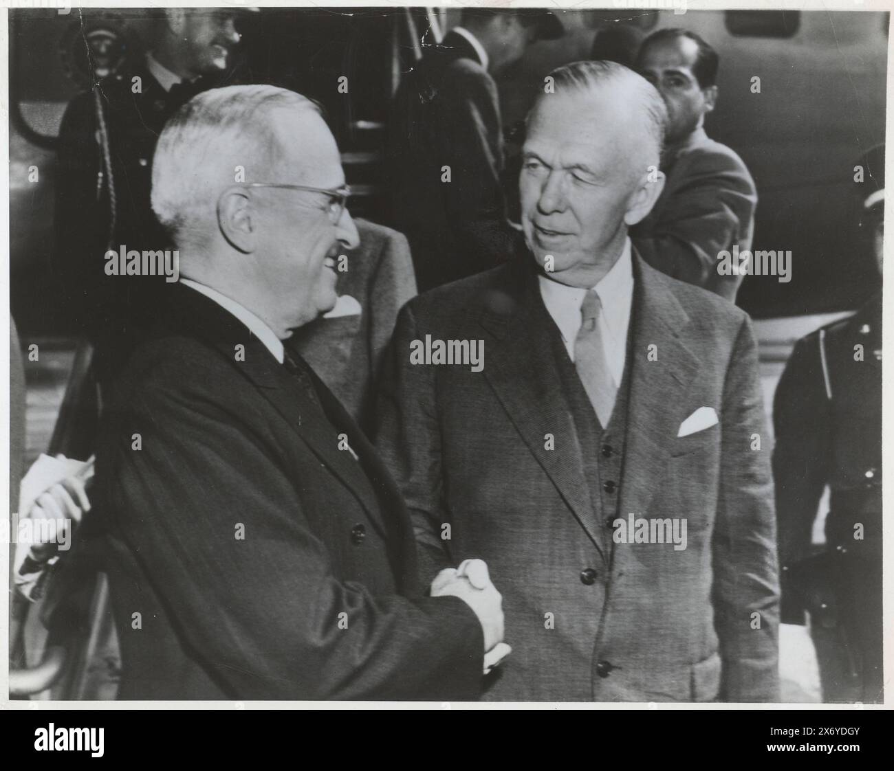 President Truman and Secretary of State George Marshall, 1948, photograph, International News Photos, (mentioned on object), New York (city), 10-Sep-1948, photographic support, gelatin silver print, height, 166 mm × width, 215 mm Stock Photo