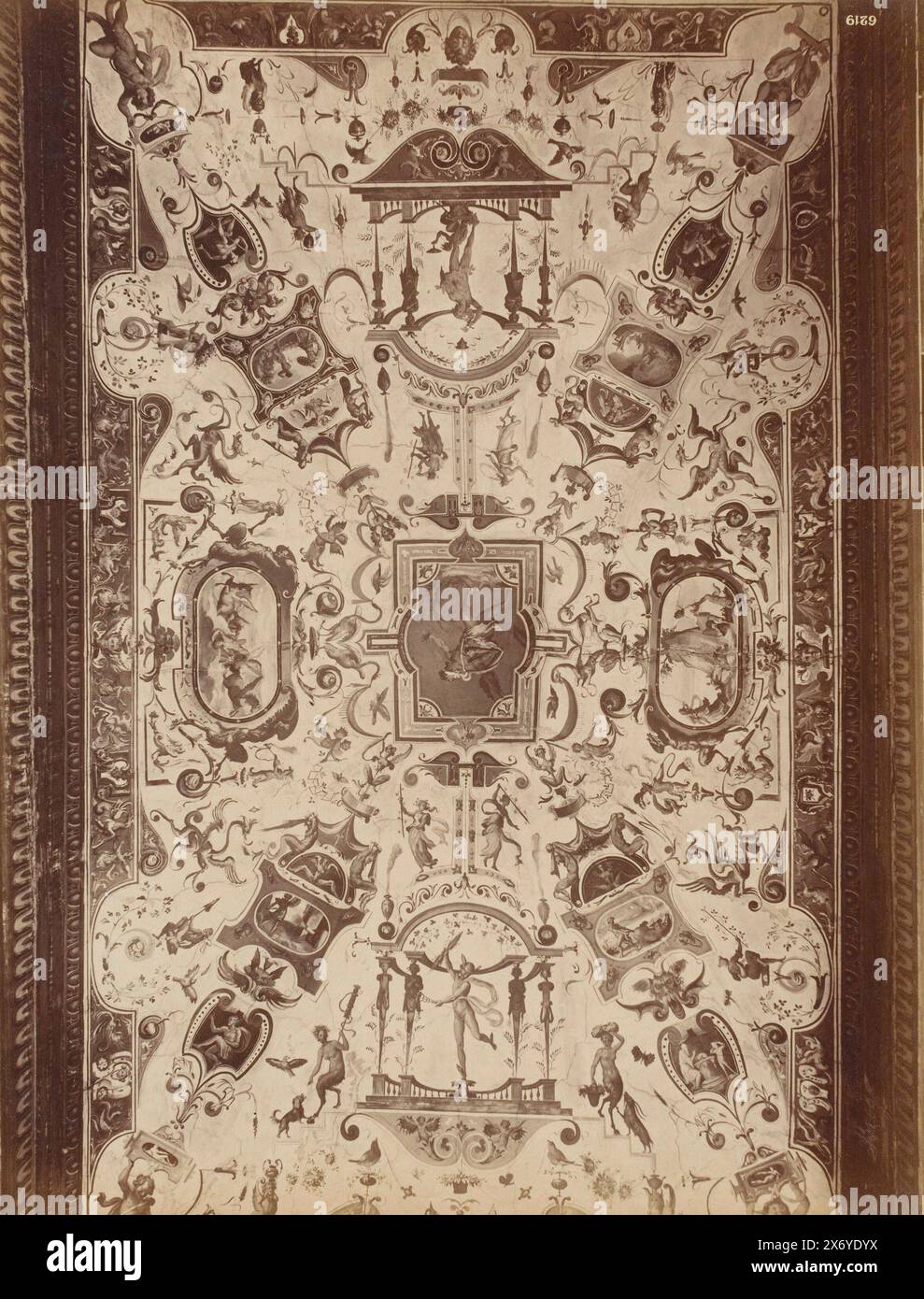 Photo reproduction of a ceiling painting in the Uffizi Gallery in Florence, Italy, Soffito nella Galleria degli Uffizi (title on object), Firenze (series title on object), photograph, anonymous, after painting by: anonymous, Florence, 1851 - 1886, cardboard, albumen print, height, 258 mm × width, 210 mm Stock Photo