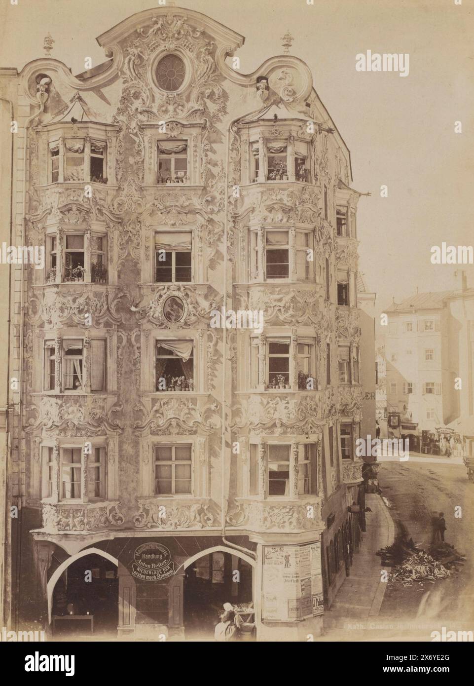 View of the Helblinghaus in Innsbruck, Austria, Kath. Casino in Innsbruck (title on object), photograph, Fritz Gratl, (mentioned on object), publisher: Fritz Gratl, (mentioned on object), Innsbruck, 1850 - 1920, cardboard, albumen print, height, 279 mm × width, 215 mm Stock Photo