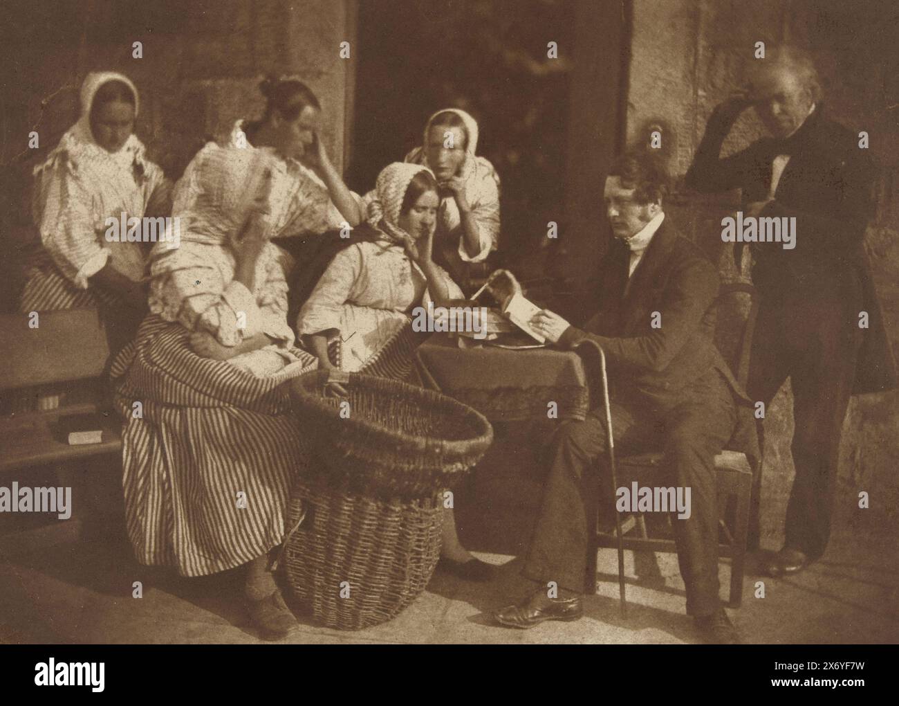 Group portrait in Newhaven, Edinburgh; Carnie Noble, an unknown woman, Bessy Crombie, Mary Combe, Margaret (Dryburgh) Lyall, Rev. James Fairbairn and James Gall, The Pastor's Visit (original title), photograph, Hill & Adamson, (attributed to), Edinburgh, c. 1890 - c. 1900, paper, carbon print, height, 140 mm × width, 194 mm, height, 298 mm × width, 357 mm Stock Photo