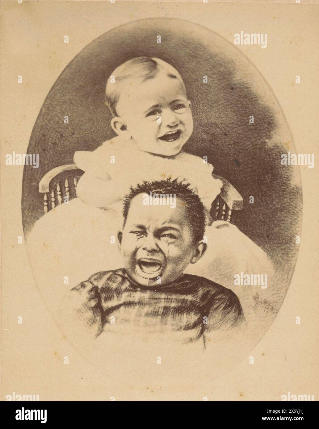 Photo reproduction of a drawing depicting a laughing child and a crying child, Freude und Schmerz (title on object), cabinet photograph, anonymous, (mentioned on object), after drawing by: anonymous, in or after 1883 - c. 1895, cardboard, gelatin silver print, height, 137 mm × width, 98 mm Stock Photo