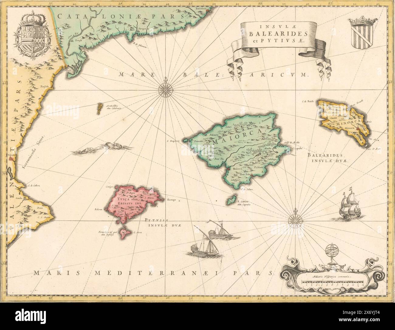 Map of the Balearic Islands and Pityus and coast of Spain, Map of the Balearic Islands and Pityus and part of the coast of Spain, outlined in yellow, areas colored, 2 compass roses: with reference to and r.r. Crowned coat of arms r.b., crowned coat of arms with golden fleece l.b.. Ships in the sea, r.r. scale in Spanish miles with a globe on top. Inscription; r.b.: INSVLAE, BALEARIDES, et PITYVSAE., publisher: Willem Janszoon Blaeu, publisher: Johannes Willemszoon Blaeu, Amsterdam, 1600 - 1650, paper, engraving, height, 37.9 cm × width, 49.2 cm Stock Photo