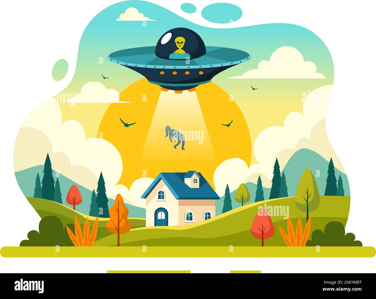 UFO Flying Spaceship Vector Illustration with Rays of Light in Sky Night City View, Abducts Human and Alien in Flat Kids Cartoon Background Design Stock Vector