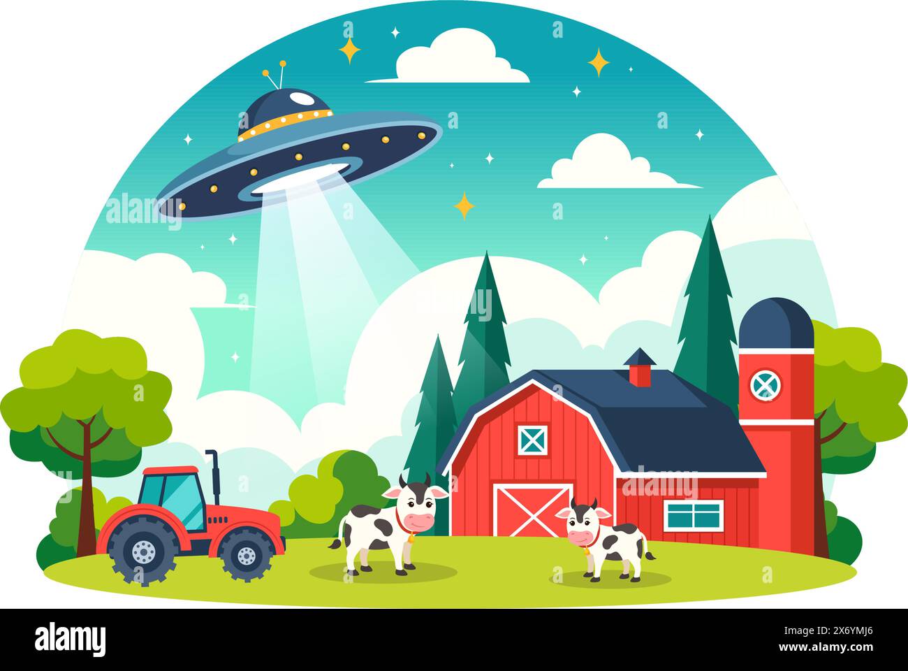 UFO Flying Spaceship Vector Illustration with Rays of Light in Sky Night City View, Abducts Human and Alien in Flat Kids Cartoon Background Design Stock Vector