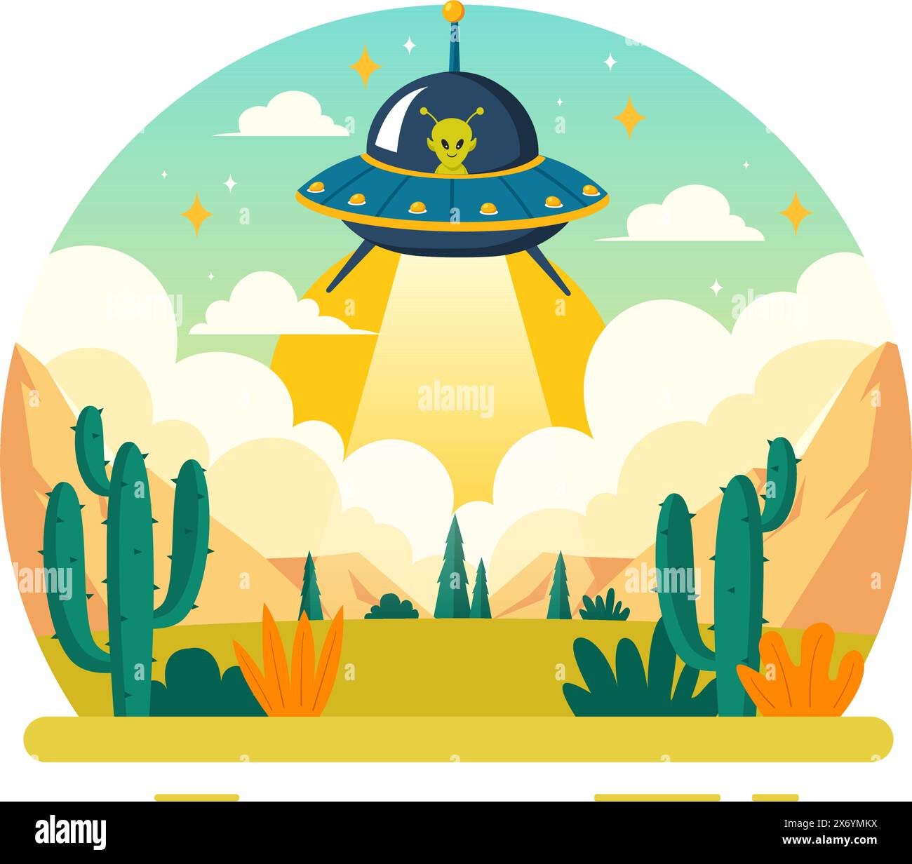 UFO Flying Spaceship Vector Illustration with Rays of Light in Sky Night City View, Abducts Human and Alien in Flat Kids Cartoon Background Design Stock Vector