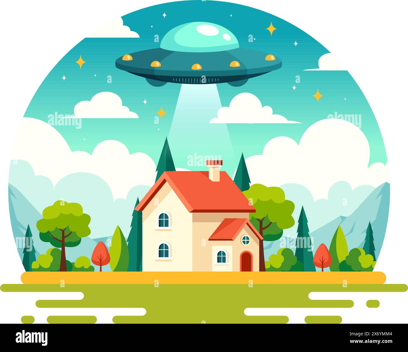 UFO Flying Spaceship Vector Illustration with Rays of Light in Sky Night City View, Abducts Human and Alien in Flat Kids Cartoon Background Design Stock Vector