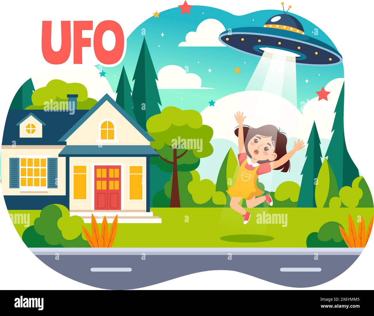 UFO Flying Spaceship Vector Illustration with Rays of Light in Sky Night City View, Abducts Human and Alien in Flat Kids Cartoon Background Design Stock Vector