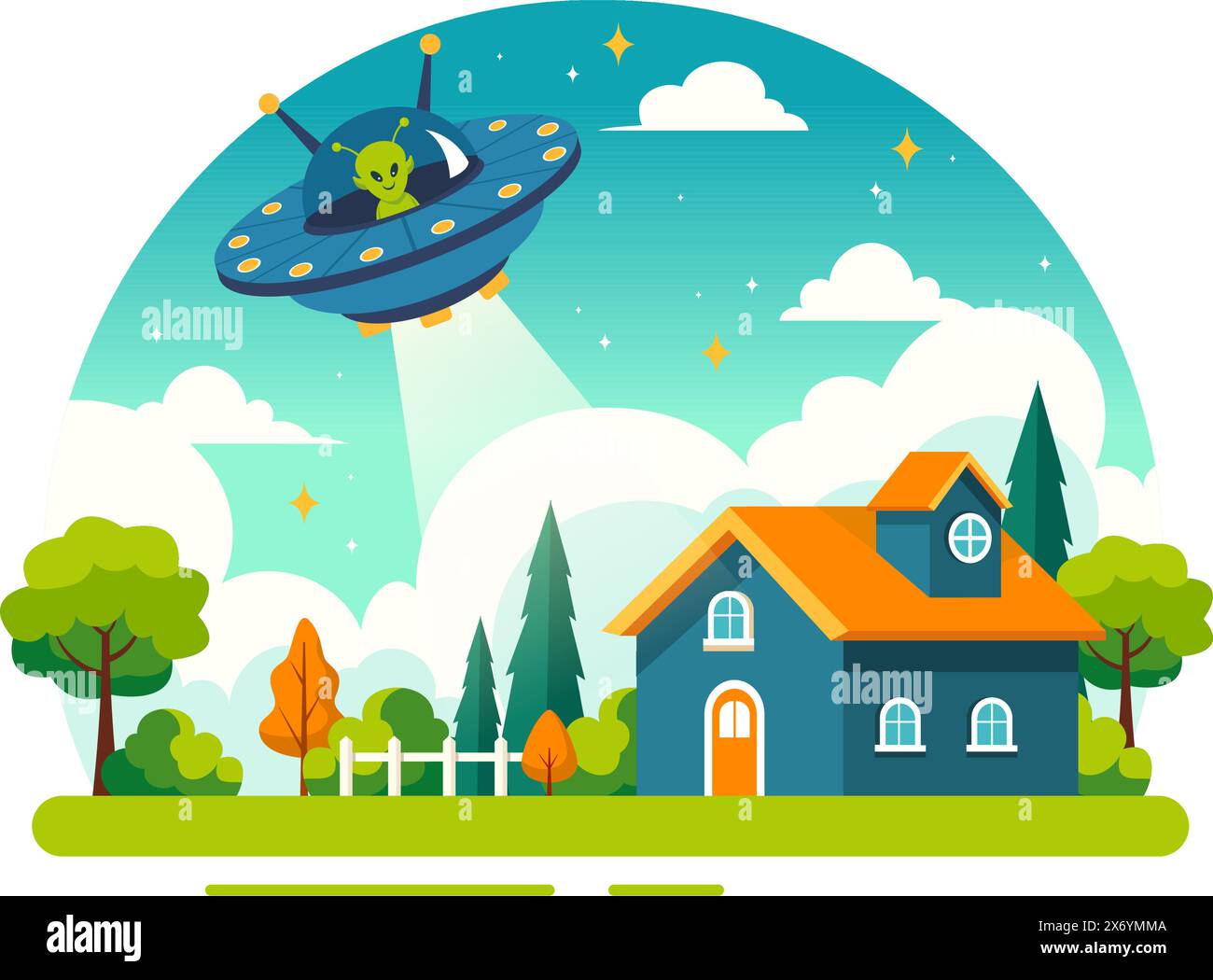 UFO Flying Spaceship Vector Illustration with Rays of Light in Sky Night City View, Abducts Human and Alien in Flat Kids Cartoon Background Design Stock Vector