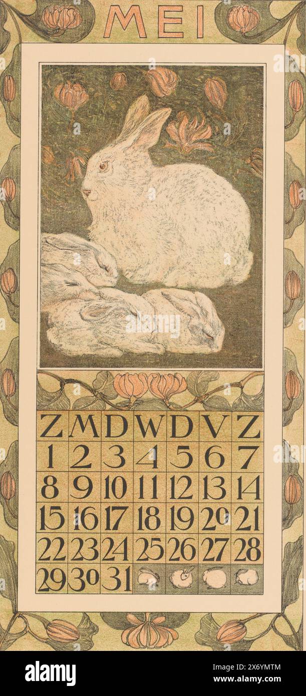 Ceramic Rabbit Calendar Calendar sheet May with rabbits, Calendar 1910 12 lithographs by Th. v ...