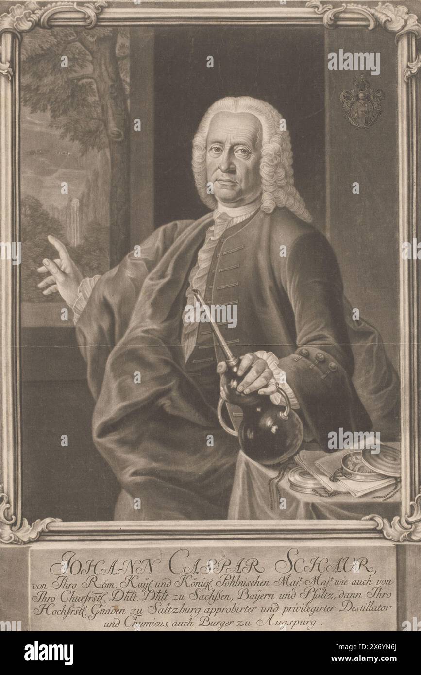 Portrait of Johann Caspar Schaur, with caption in German., print, print maker: Johann Jacob Haid, (mentioned on object), after painting by: Johann Jacob Haid, (mentioned on object), Augsburg, 1714 - 1767, paper, etching, height, 402 mm × width, 268 mm Stock Photo