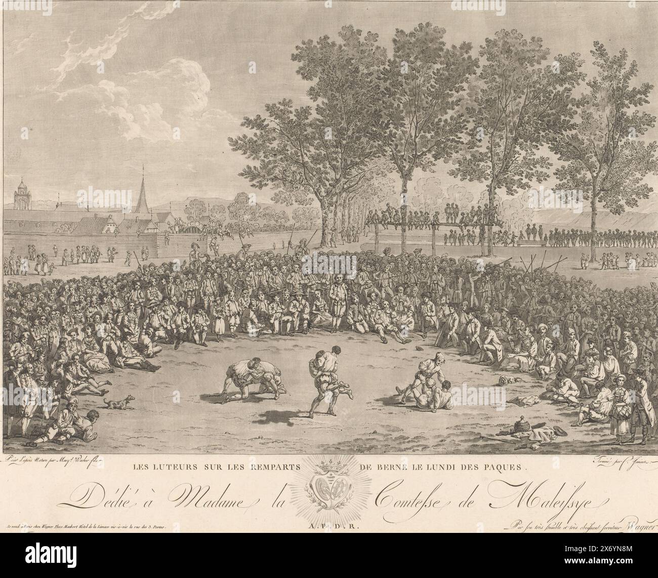 Public wrestling match at Bern, Les Luteurs sur les remparts de Berne le Lundi des Paques (title on object), print, print maker: Jean François Janinet, (mentioned on object), after painting by: Marquard Wocher, (mentioned on object), publisher: Abraham Wagner (uitgever), (mentioned on object), Paris, c. 1775 - c. 1777, paper, etching, height, 336 mm, width, 484 mm Stock Photo