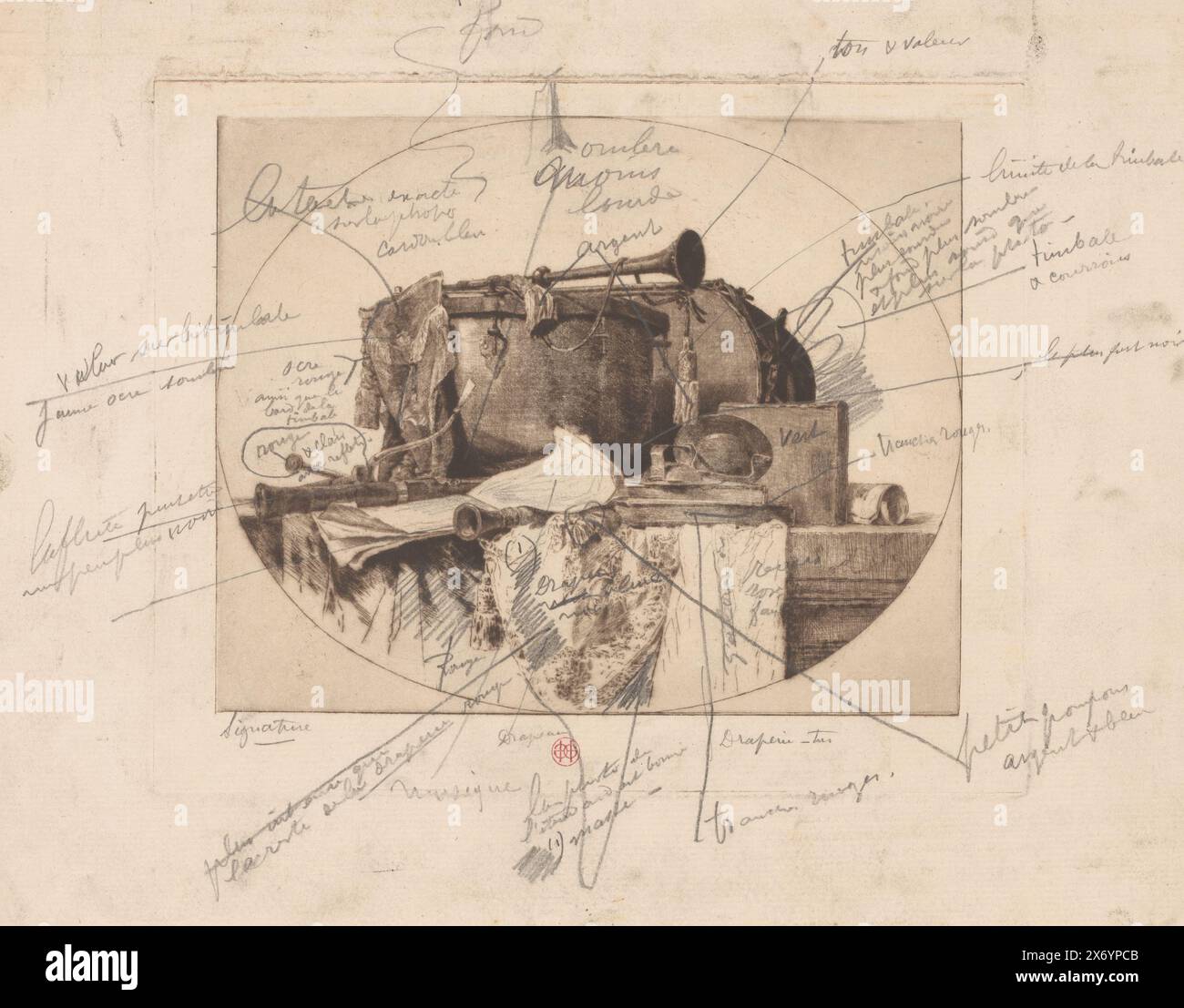 Still life with musical instruments, print, print maker: Henri Charles Guérard, after painting by: Jean Baptiste Siméon Chardin, c. 1890, paper, etching, height, 177 mm × width, 218 mm Stock Photo