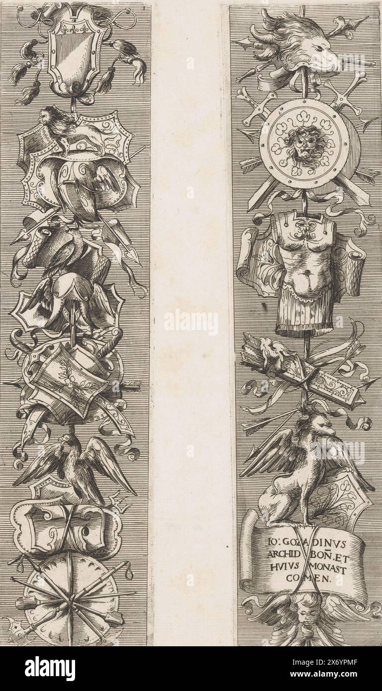 Two candelabra, Candelabra (series title), Freggi dell' Architettura da Agostino Mitelli pittore (series title), Sheet with two representations of candelabra. On the left a candelabra with helmets, shields, a lion and an eagle. On the right a candelabra with a lion's head, armor and a griffin. The left representation belongs above the right representation. Together they form one candelabra., print, print maker: Agostino Mitelli, after drawing by: Agostino Mitelli, publisher: Giovanni Giacomo de'Rossi, print maker: Italy, after drawing by: Italy, publisher: Rome, in or after 1648, paper Stock Photo