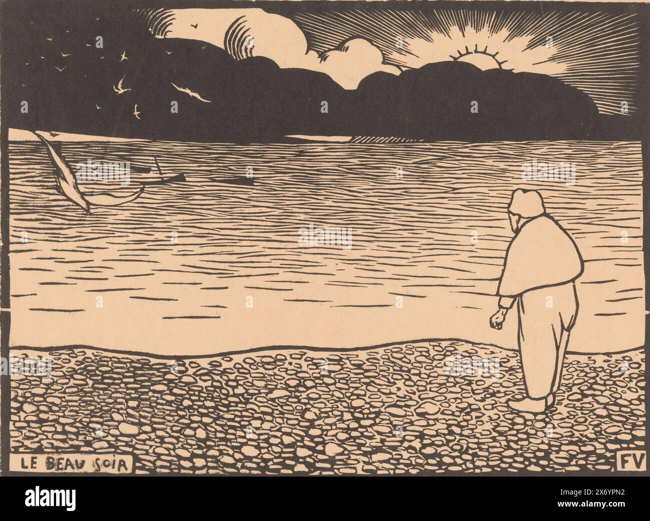 Man at sunset by the sea, Le beau-soir (title on object), print, print maker: Félix Edouard Vallotton, (mentioned on object), 1892, paper, height, 322 mm × width, 419 mm Stock Photo