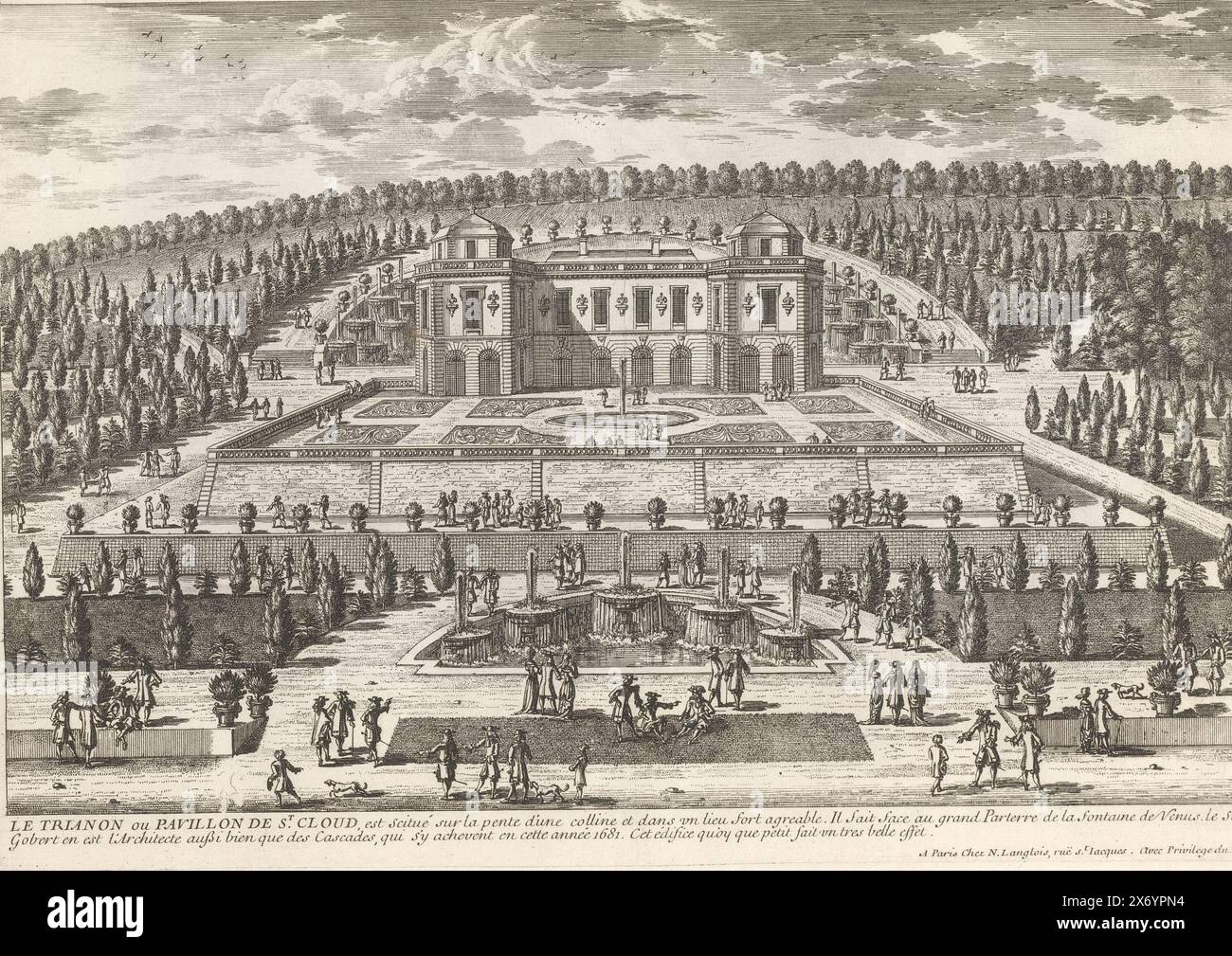 View of the Pavilion of Saint-Cloud, Le Trianon ou Pavillon de St. Cloud (...) (title on object), Cityscapes and landscapes in France and Italy (series title), Recueil de vues de monuments de Paris, des principales residences royales et des principaux châteaux de France et de Rome (series title), Print is part of an album., print, print maker: Adam Perelle, print maker: Nicolas Perelle, print maker: Gabriel Perelle, publisher: Paris, publisher: Paris, France, 1650 - 1707, paper, etching, height, 220 mm × width, 312 mm Stock Photo