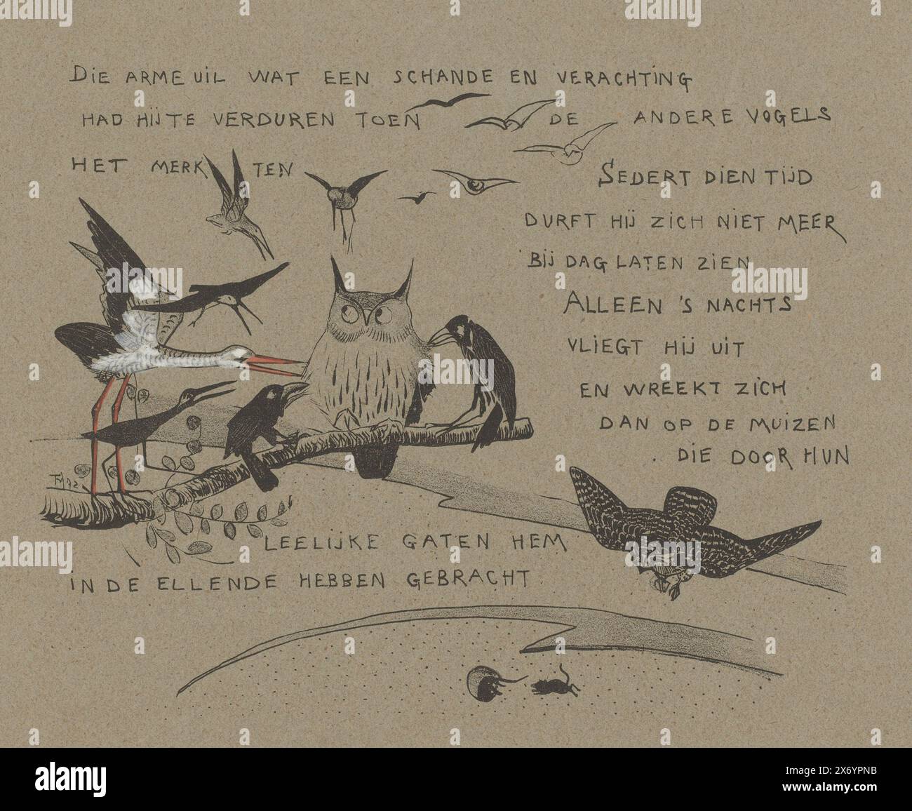 Text sheet with birds reprimanding the owl, How the birds got a king (original series title), Below an owl hunting mice., print, print maker: Theo van Hoytema, (mentioned on object), printer: Firma S. Lankhout & Co., The Hague, 1892, paper, height, 224 mm × width, 281 mm, height, 319 mm × width, 408 mm Stock Photo