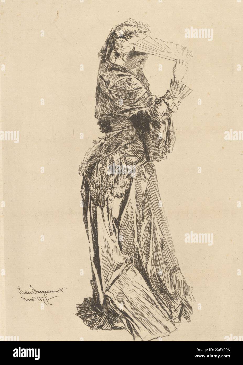 Standing woman with fan, Une genoise. (title on object), L'Eau-forte en 1878 (series title), numbered top right: 1., print, print maker: Jules Ferdinand Jacquemart, (mentioned on object), after own design by: Jules Ferdinand Jacquemart, (mentioned on object), publisher: weduwe Alfred Cadart, (mentioned on object), print maker: France, publisher: Paris, 1877, paper, etching, drypoint, height, 274 mm × width, 188 mm Stock Photo