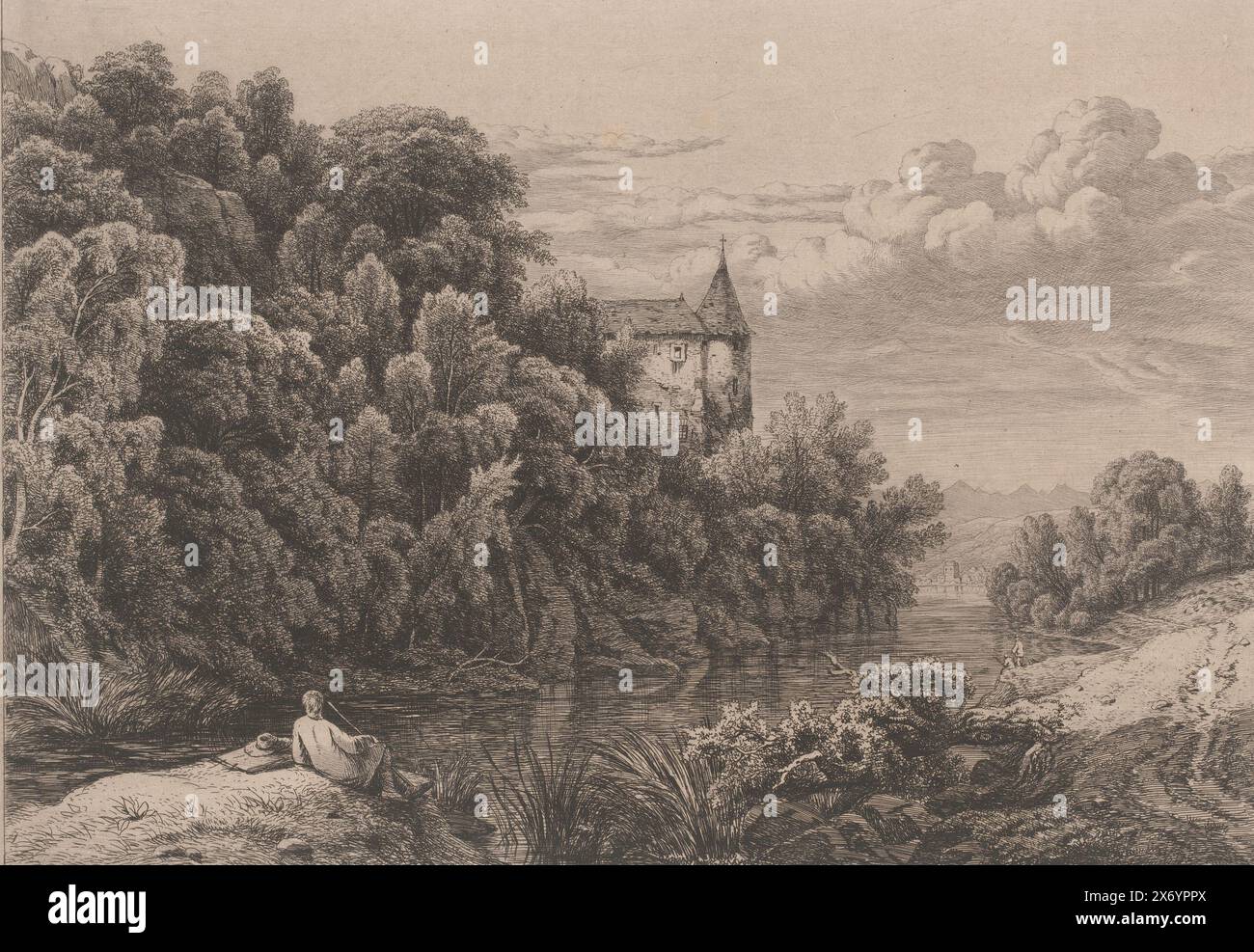 Landscape with a view of a wide river and fishermen, Rives de la Dore. (Auvergne) (title on object), Sites pittoresques à l'Eau-forte par Eug. Blery (series title), print, print maker: Eugène Bléry, (mentioned on object), after own design by: Eugène Bléry, (mentioned on object), Auvergne, 1852, paper, etching, drypoint, engraving, height, 217 mm × width, 303 mm Stock Photo