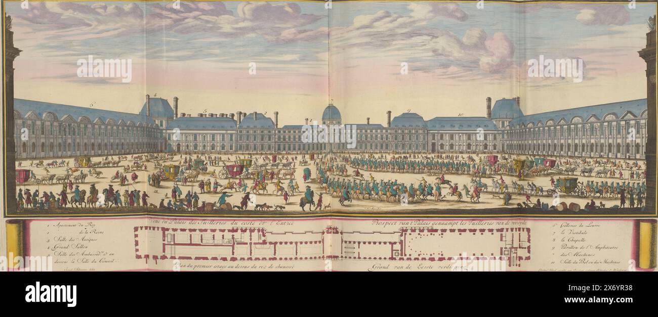 View of the Palais des Tuileries from the garden, Prospect of the Palais called les Tuilleries van de Tuynsyde, Veuë du Palais des Tuilleries du costé du Jardin (title on object), View of the Palais des Tuileries from the garden. Various figures in the foreground. Below the scene is a map of the ground floor and an index. Print is part of an album., print, print maker: Aldert Meyer, (mentioned on object), after drawing by: Israël Silvestre, (mentioned on object), publisher: Carel Allard, (mentioned on object), print maker: Northern Netherlands, after drawing by: Paris, publisher: Amsterdam Stock Photo