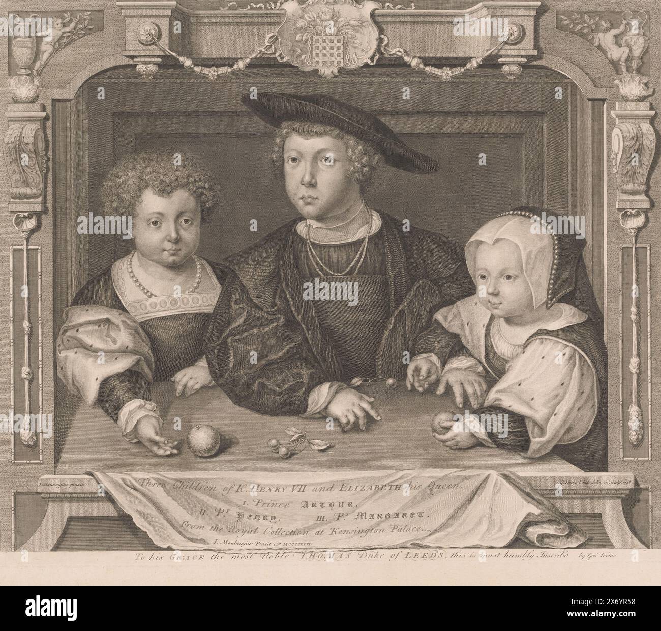 Portrait of Dorothea, Johan and Christina of Denmark, Three Children of K. Henry VII and Elizabeth his Queen. I. Prince Arthur, II. Pr. Henry, III. Ps. Margaret (title on object), Portraits of the Tudors (series title), Historical Portraitures (series title), Portrait of the three children of Christian II of Denmark., print, print maker: George Vertue, (mentioned on object), after own design by: George Vertue, (mentioned on object), after painting by: Jan Gossart, (mentioned on object), 1748, paper, etching, engraving, height, 473 mm × width, 568 mm Stock Photo