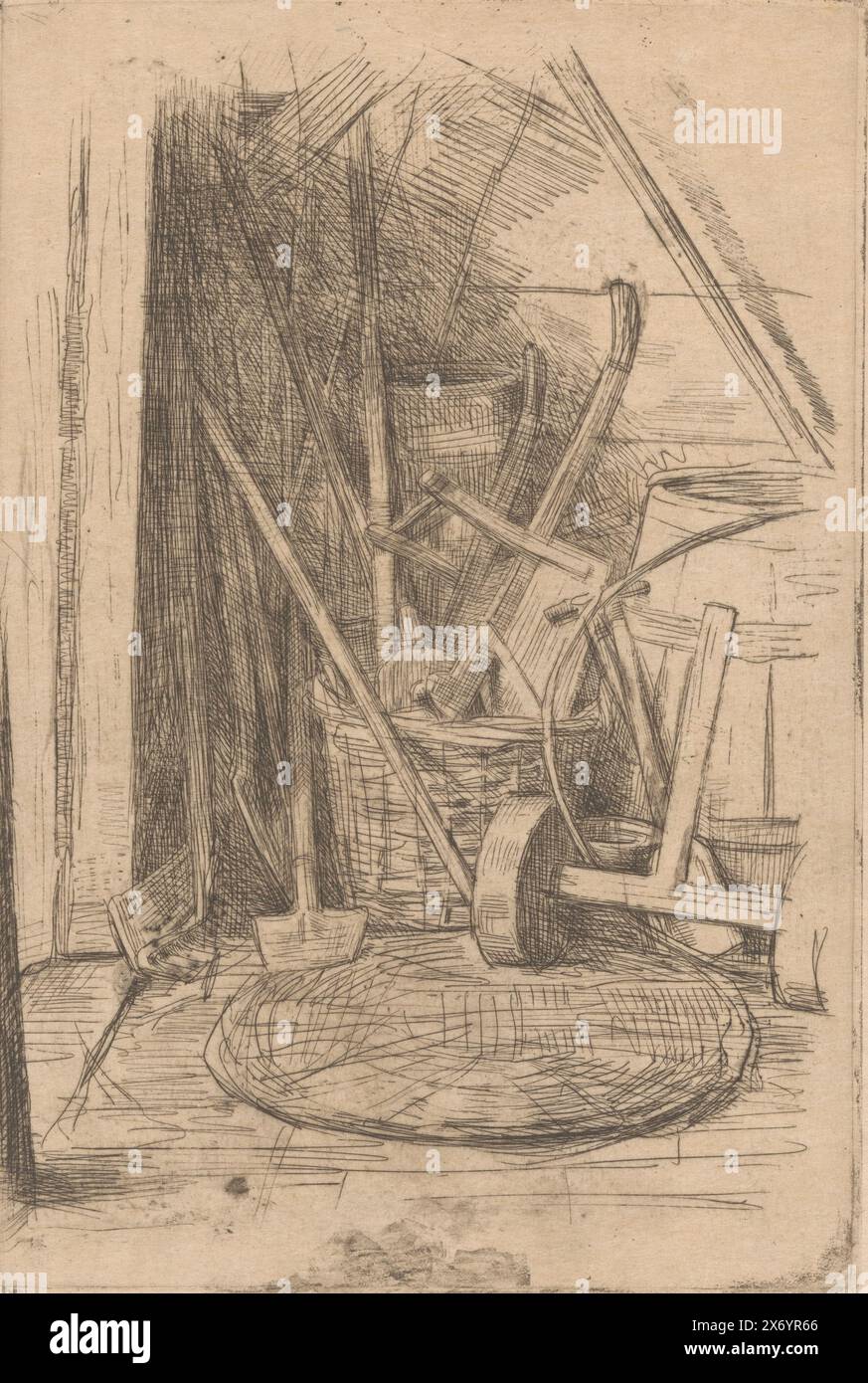 In the storage shed (original title), print, print maker: Jan Veth, 1885, paper, etching, height, 239 mm × width, 160 mm Stock Photo