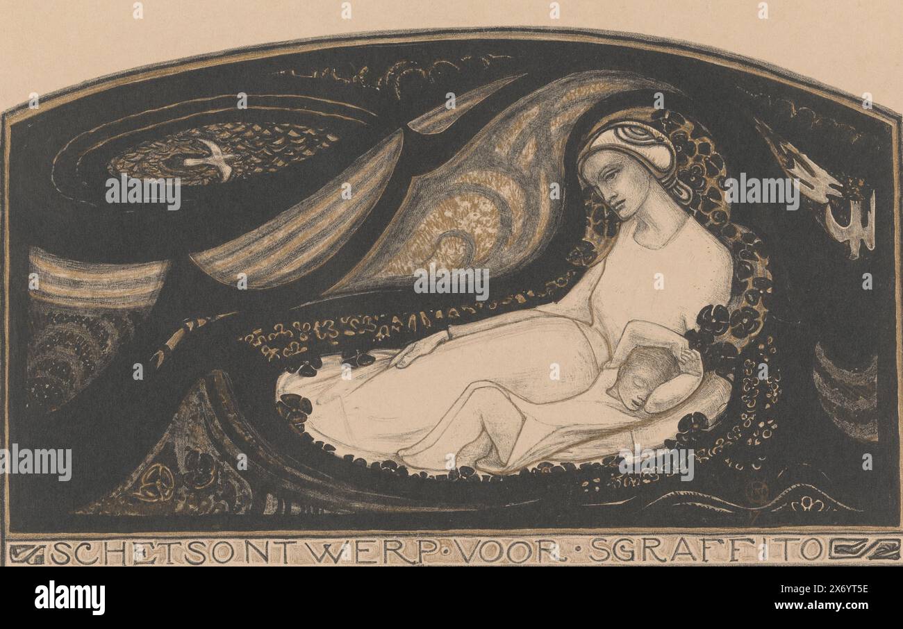 Reclining woman and child, Sketch design for sgraffito (title on object ...