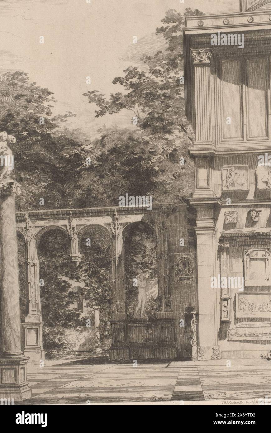 View of the courtyard of the École des Beaux-Arts, Intérieur de la cour de l'École des Beaux-Arts (title on object), French etchings from 1876 (series title), L'eau-forte en 1876 (series title), print, print maker: Henri Toussaint, (mentioned on object), after own design by: Henri Toussaint, (mentioned on object), publisher: weduwe Alfred Cadart, (mentioned on object), Paris, 1876, paper, etching, drypoint, height, 320 mm × width, 238 mm Stock Photo