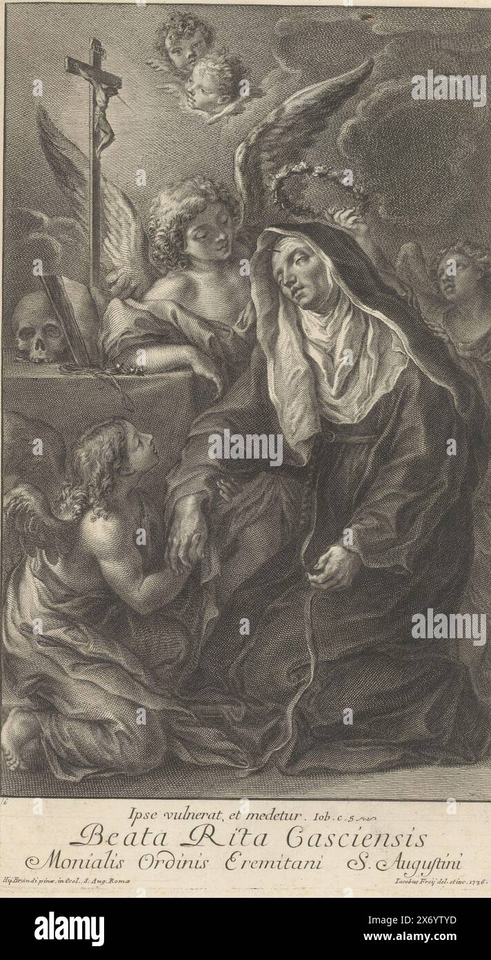 Saint Rita in ecstasy, Beata Rita Gasciensis (title on object), Job. 5. Print is part of an album., print, print maker: Jakob Frey (I), (mentioned on object), after drawing by: Jakob Frey (I), (mentioned on object), after painting by: Giacinto Brandi, (mentioned on object), Rome, 1736, paper, engraving, height, 400 mm × width, 235 mm Stock Photo