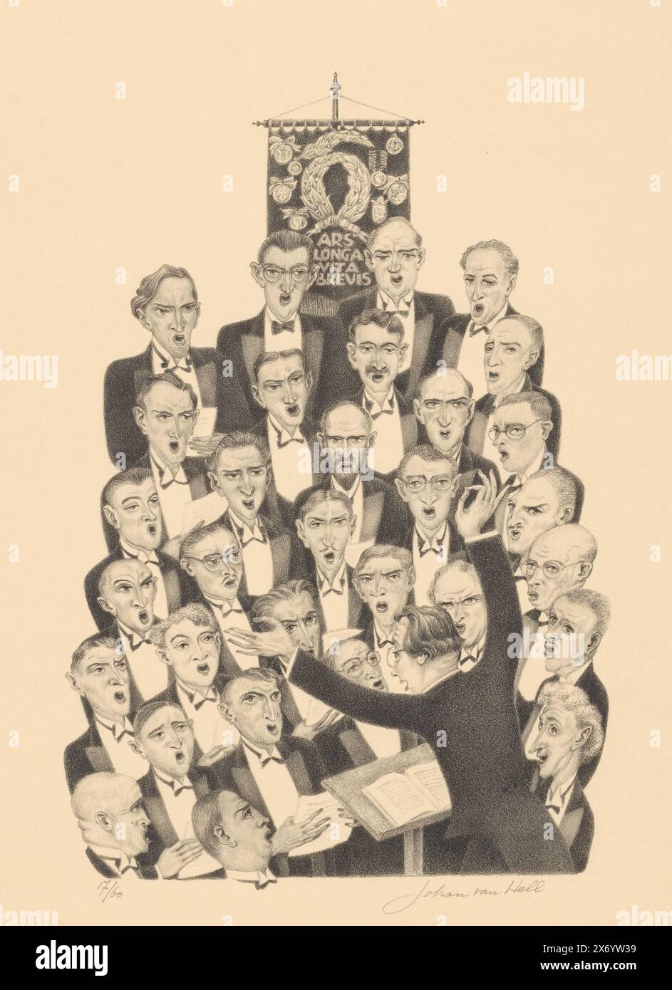 Men's choir, Group of singing men and conductor. Behind them a banner with the text 'ARS LONGA VITA BREVIS'., print, print maker: Johan van Hell, (signed by artist), Amsterdam, 1899 - 1952, paper, height, 634 mm × width, 480 mm Stock Photo