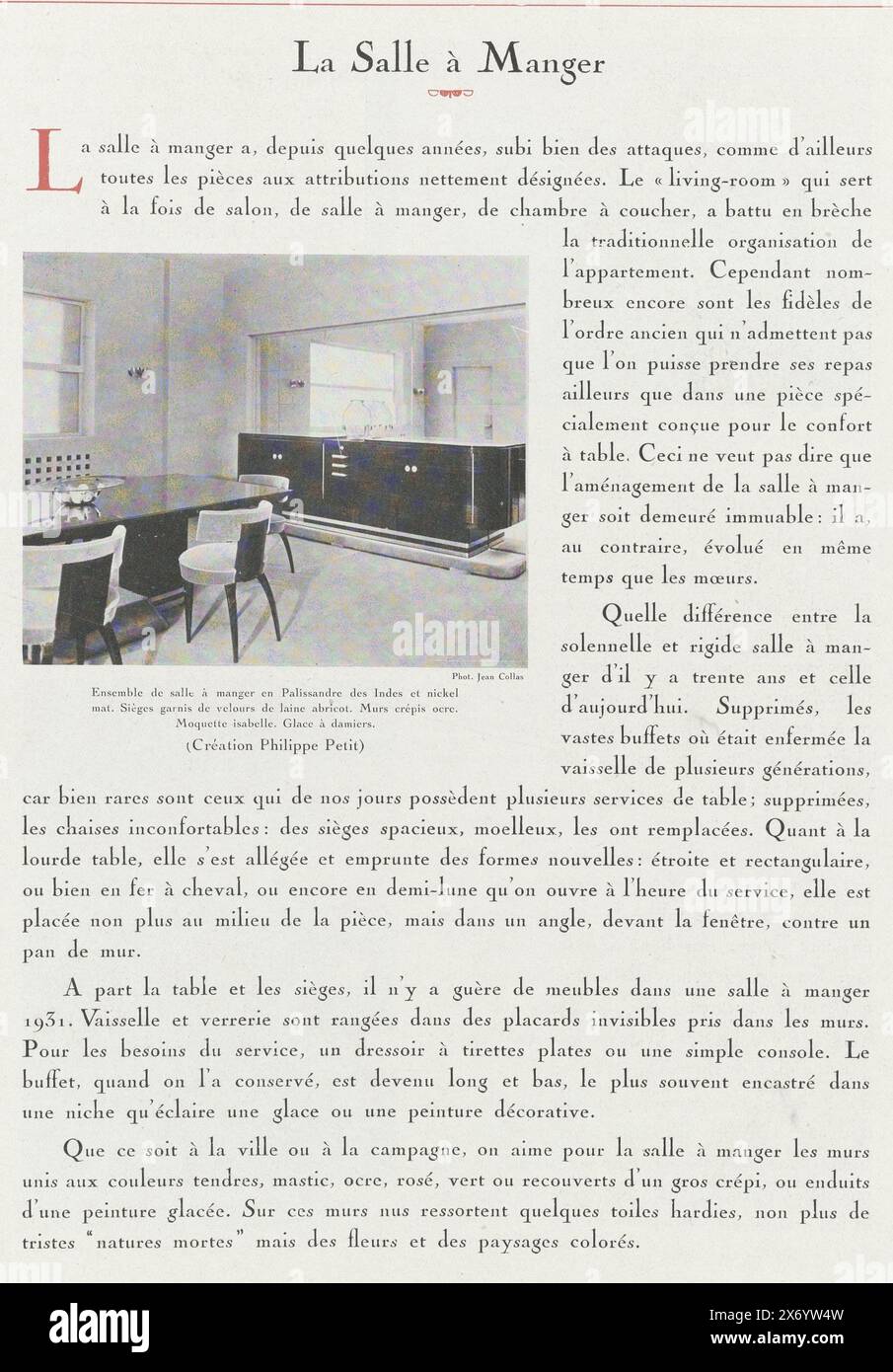 Art - Goût - Beauté, Feuillets de l'élégance féminine, Novembre 1931, No. 135, 12e Année, p. 29, Text about dining room design with an image of a dining room by Philippe Petit. Page from the fashion magazine Art-Goût-Beauté (1920-1933)., magazine, John von Collas, (mentioned on object), publisher: Charles Goy, 1931, paper, height c. 315 mm × width c. 240 mm Stock Photo
