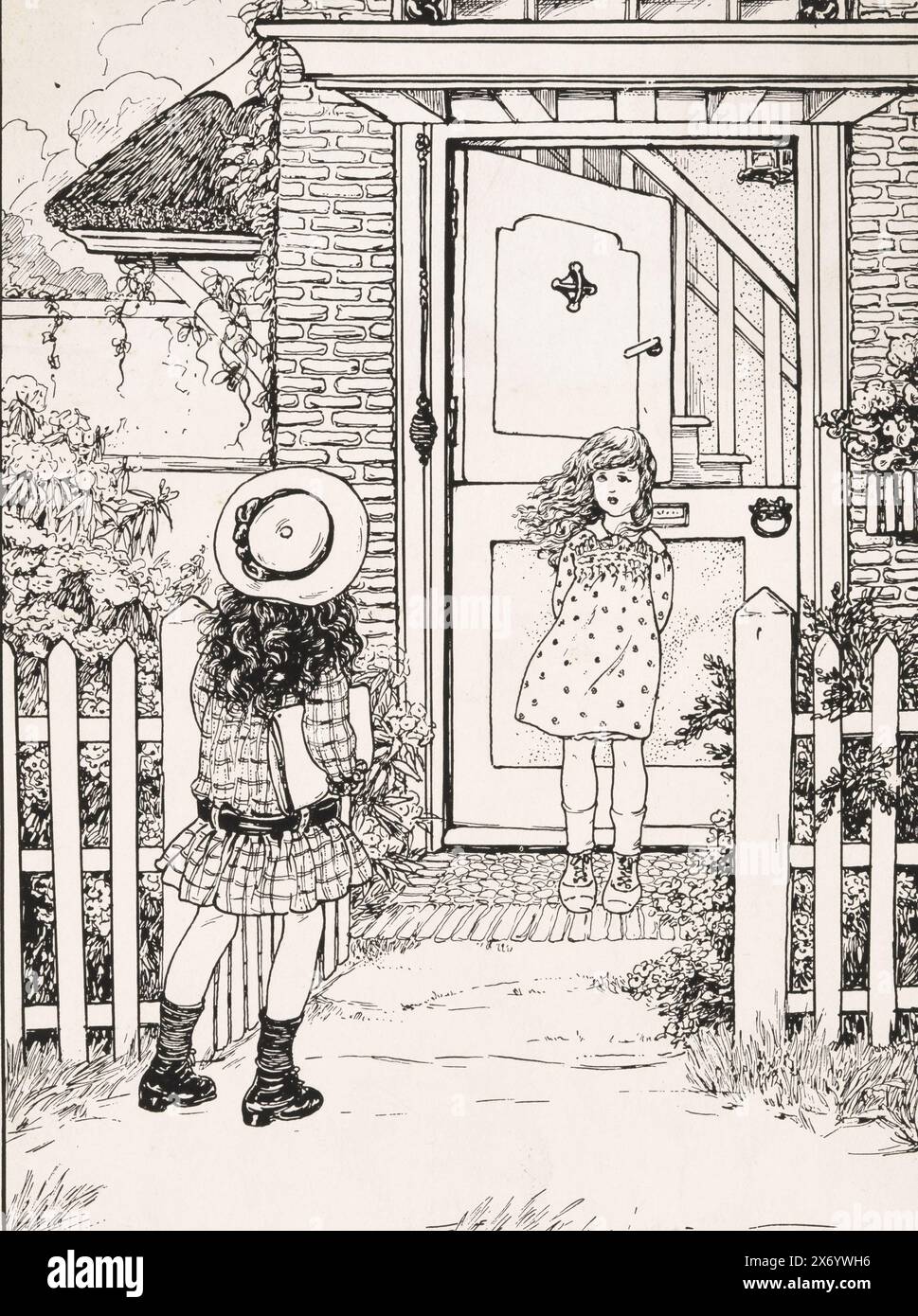 Two girls at a front door, A girl is standing on a garden path in front of a door with the top half open. She looks at a girl with a bag under her arm who walks along a fence., photomechanical print, maker: anonymous, after drawing by: Nelly Spoor, (mentioned on object), 1916, paper, printing block, height, 226 mm × width, 145 mm Stock Photo