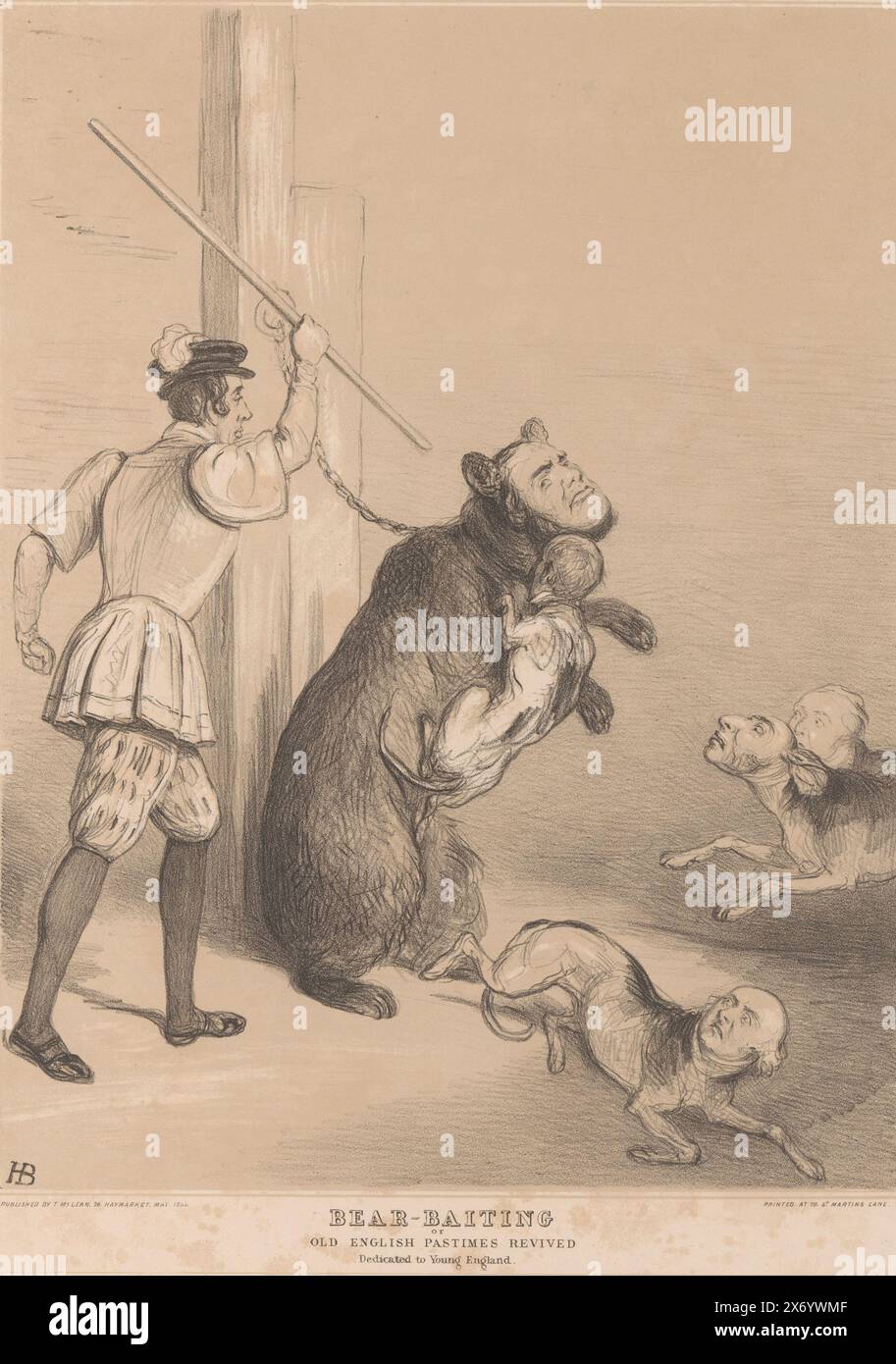 Cartoon about William Ferrand, Bear-baiting or Old English pastimes revived, Dedicated to Young England (title on object), HB Sketches (series title on object), Cartoon in which William Busfeild Ferrand is depicted as a chained bear being beaten by a man with a stick, Benjamin Disraeli, and is attacked by dogs. Published as no. 806 in the HB Sketches series., print, print maker: John Doyle, (mentioned on object), printer: General Lithographic Establishment, (mentioned on object), publisher: Thomas McLean, (mentioned on object), print maker: England, printer: London, publisher: London, May- Stock Photo
