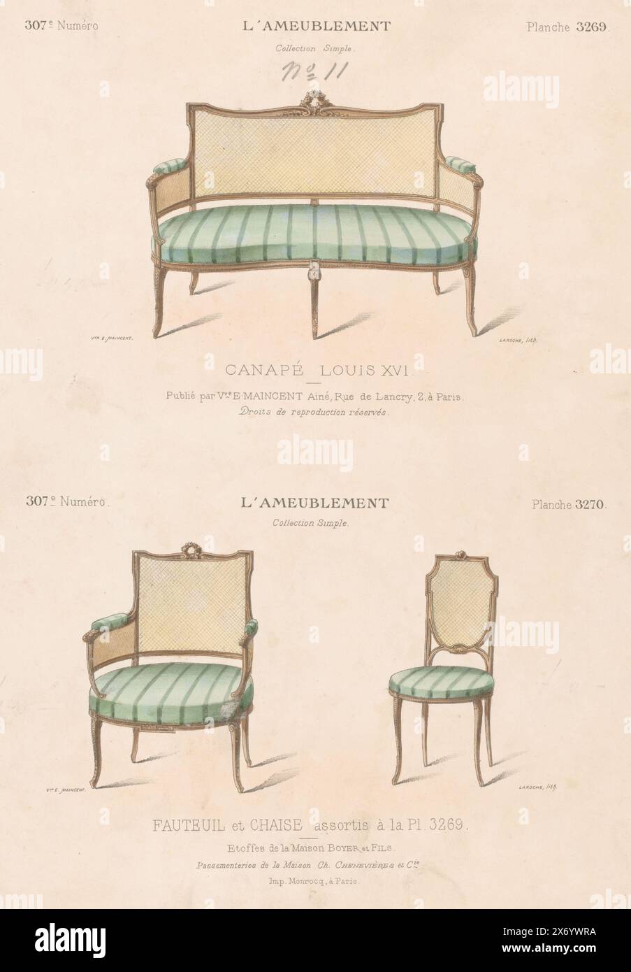 Canapé, armchair and chair, Canapé Louis Print from 307th issue (livraison)., print, print maker: Léon Laroche, (mentioned on object), printer: Monrocq, (mentioned on object), publisher: weduwe Eugène Maincent, (mentioned on object), Paris, 1895, paper, height, 358 mm × width, 275 mm Stock Photo