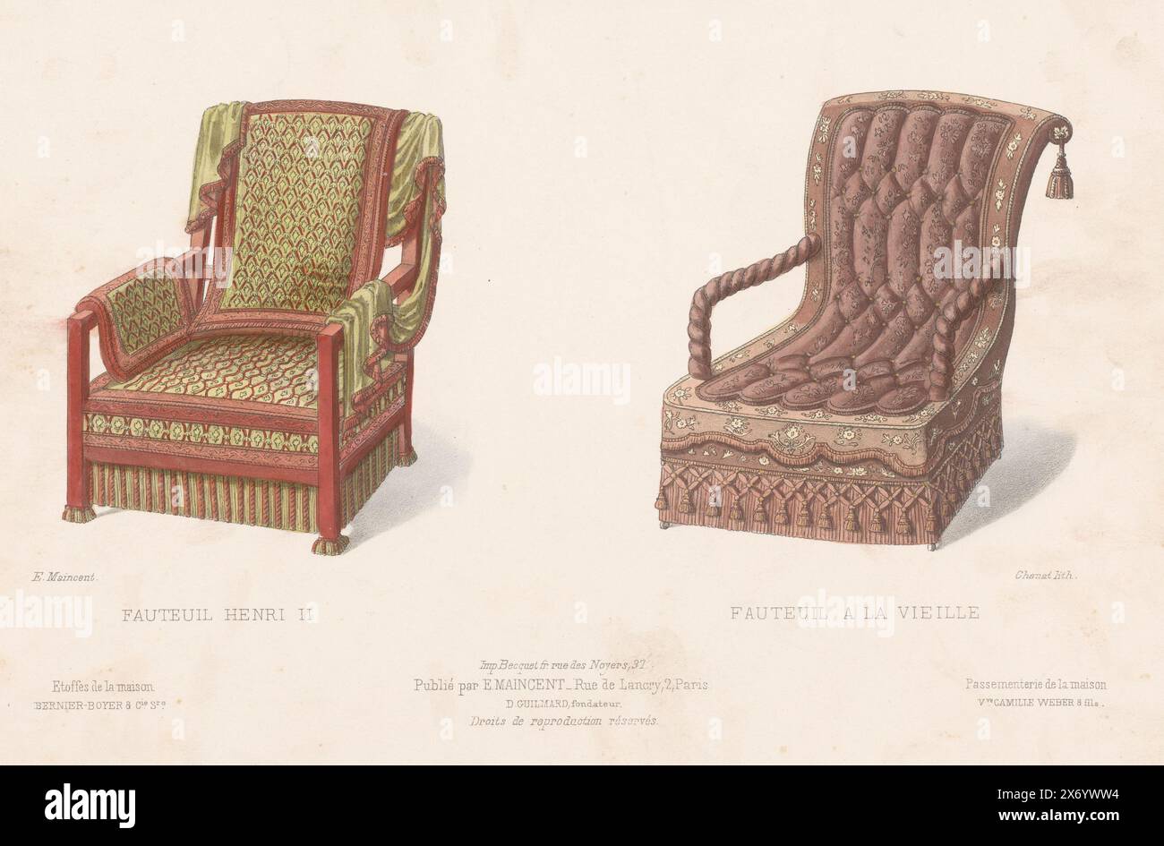 Two armchairs, Fauteuil Henri II, Fauteuil a la vieille (title on object), Le garde-meuble, Collection de Sièges (series title on object), Two armchairs, one of which in the Henry II style. Print from 295th Livraison., print, print maker: Chanat, (mentioned on object), printer: Becquet frères, (mentioned on object), publisher: Eugène Maincent, (mentioned on object), Paris, 1885 - 1895, paper, height, 275 mm × width, 358 mm Stock Photo