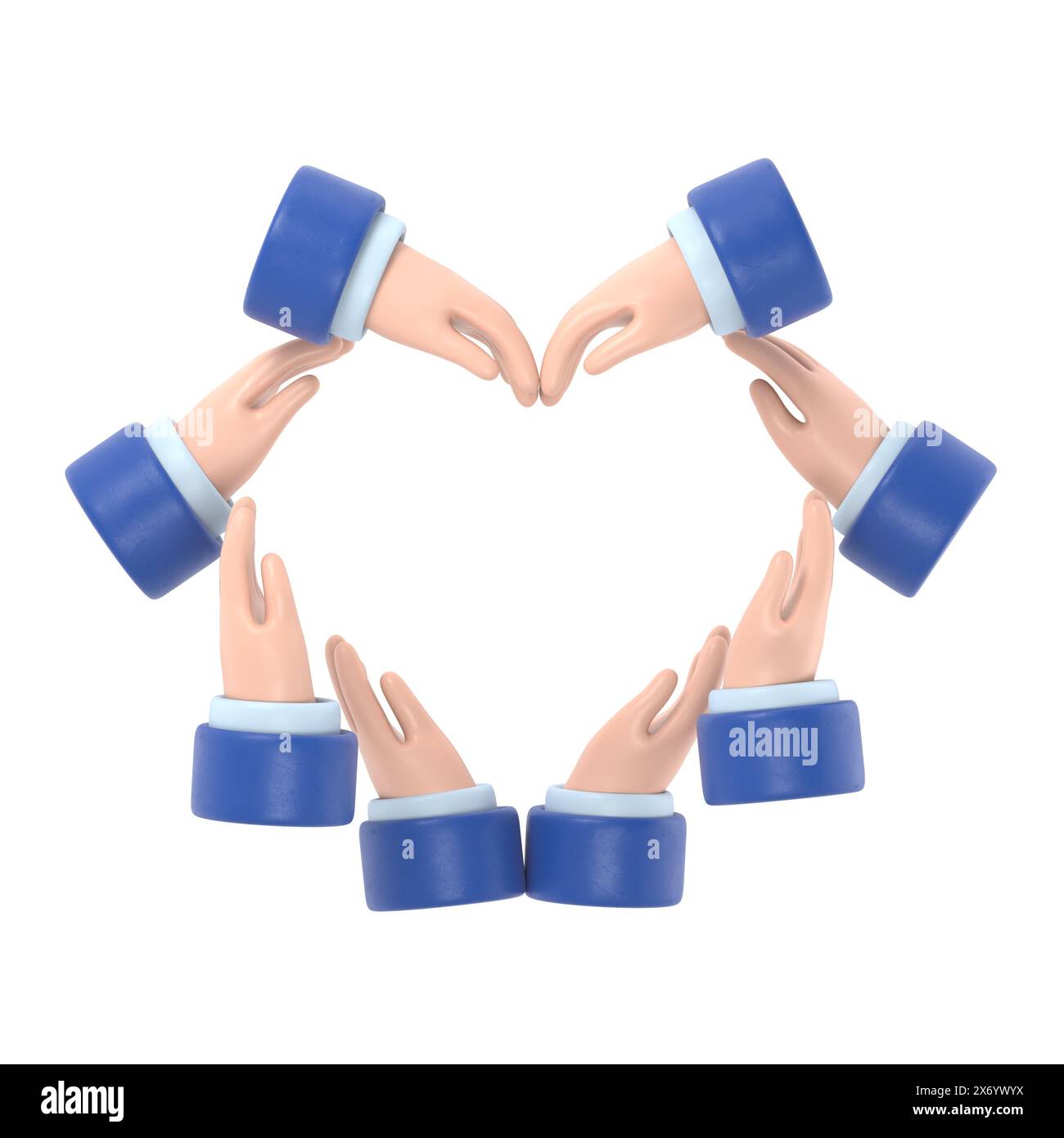 Heart hands as a group of diverse people hands connected together shaped as a love symbol expressing the feeling of being happy and togetherness.3D re Stock Photo